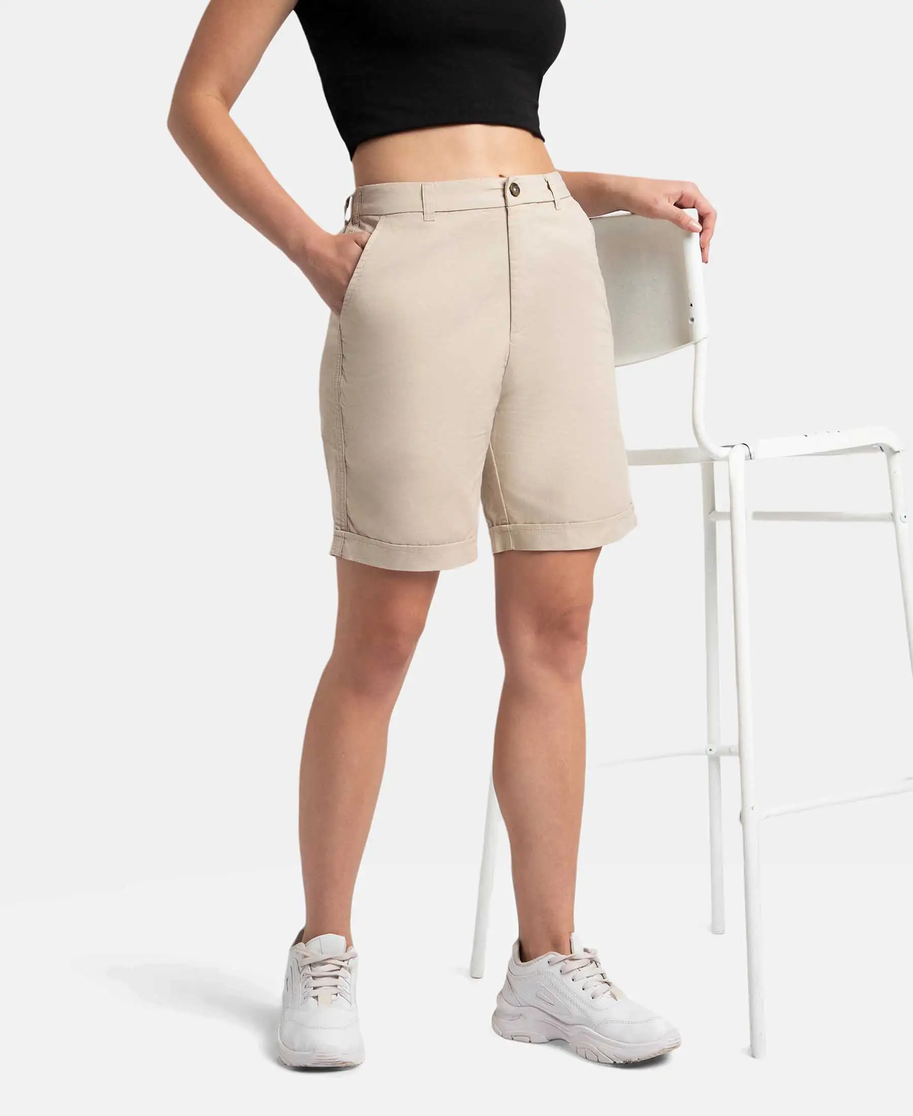 Super Combed Cotton Woven Twill Fabric Relaxed Fit Shorts with Convenient Side Pockets - Oxford Tan - Image 5