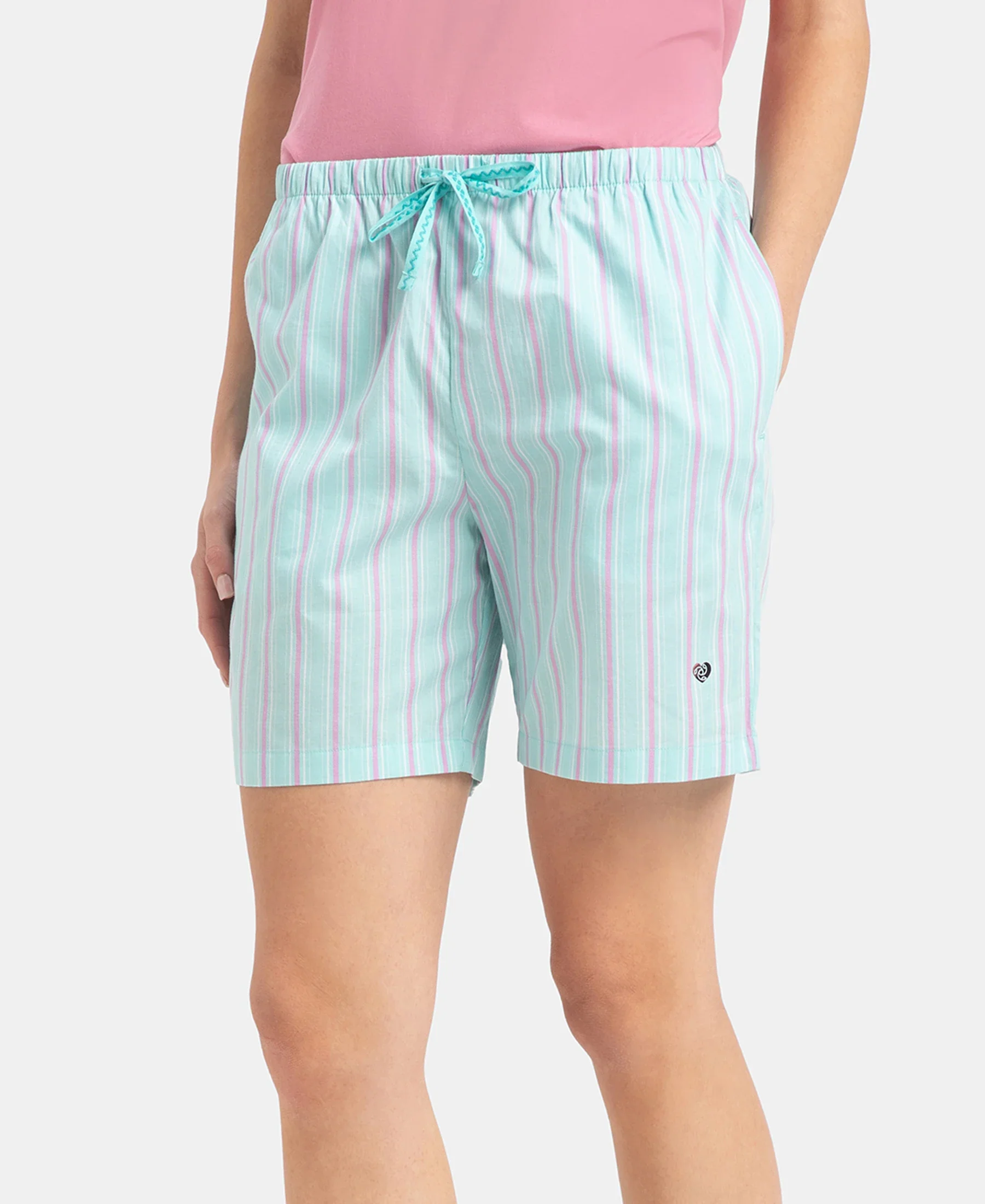 Super Combed Cotton Yarn Dyed Woven Relaxed Fit Striped Shorts with Side Pockets - Aqua Sky - Image 2