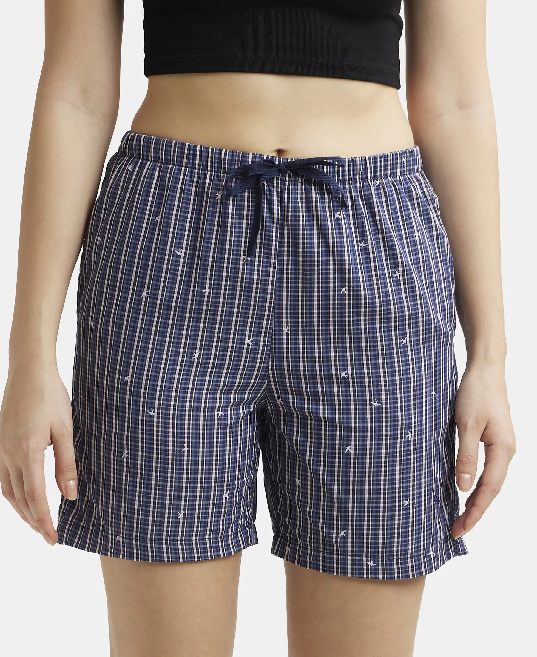 Super Combed Cotton Yarn Dyed Woven Relaxed Fit Striped Shorts with Side Pockets - Classic Navy Assorted Checks