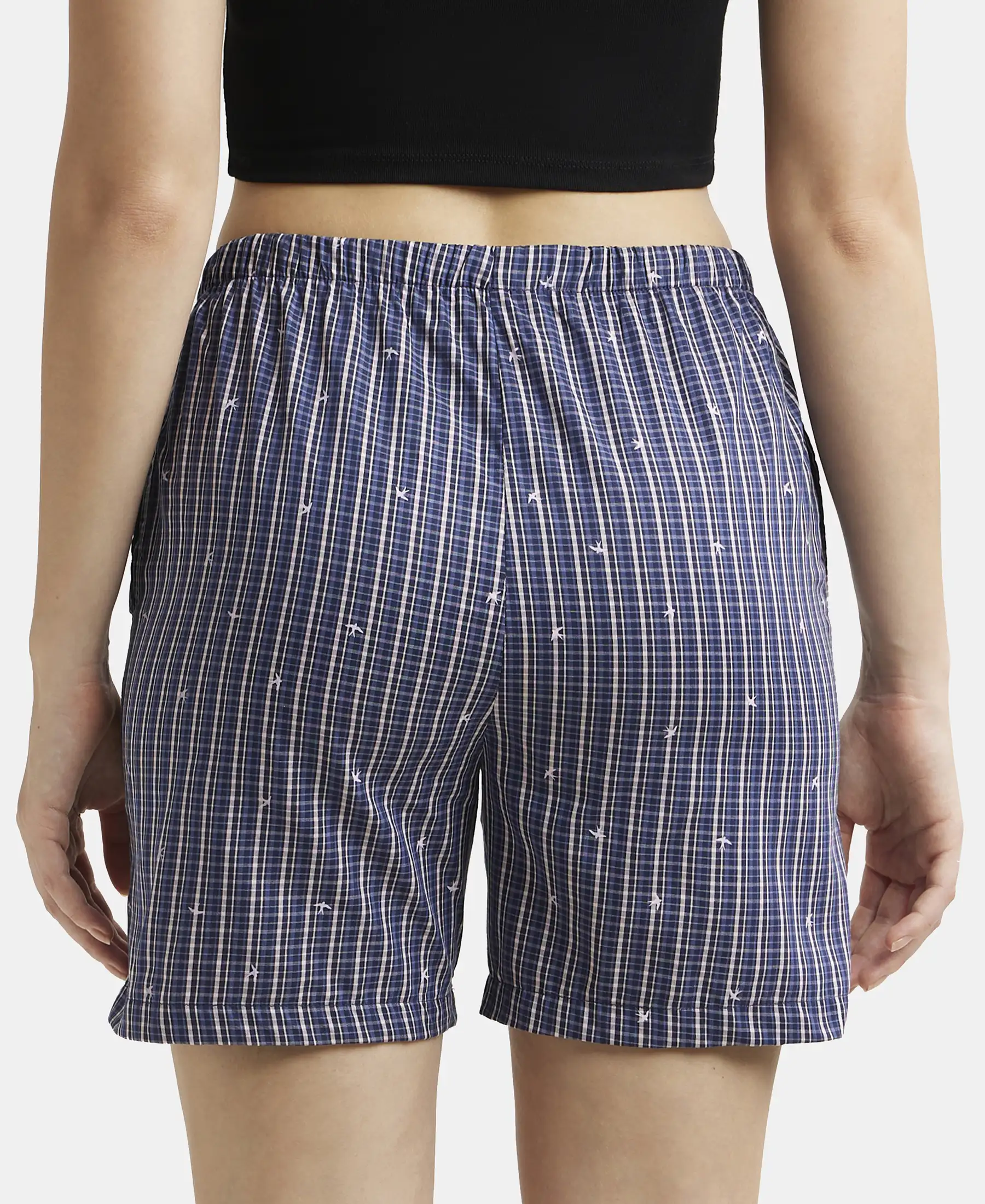 Super Combed Cotton Yarn Dyed Woven Relaxed Fit Striped Shorts with Side Pockets - Classic Navy Assorted Checks - Image 3