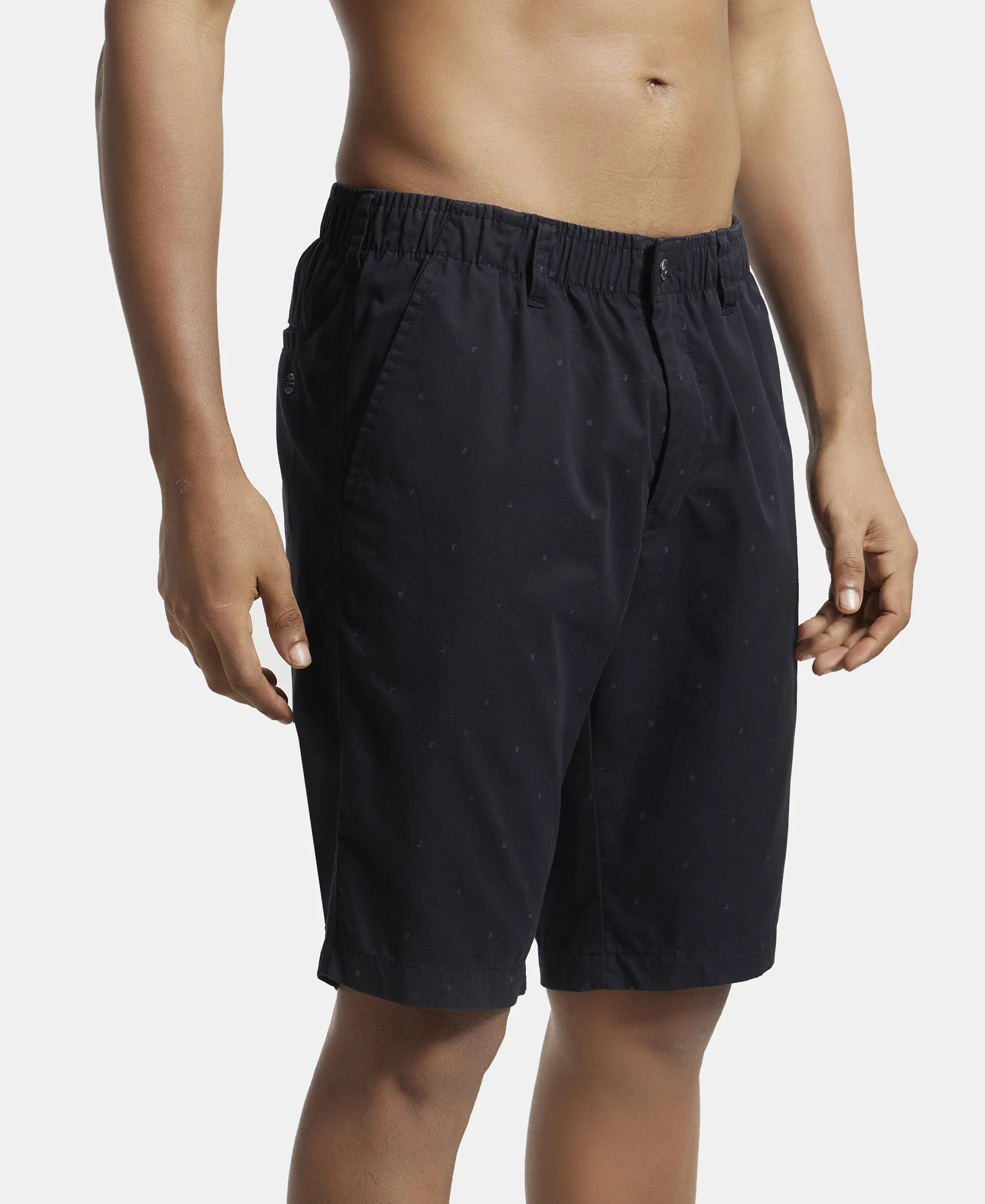 Super Combed Mercerised Cotton Woven Printed Straight Fit Shorts with Side Pockets - Black - Image 2