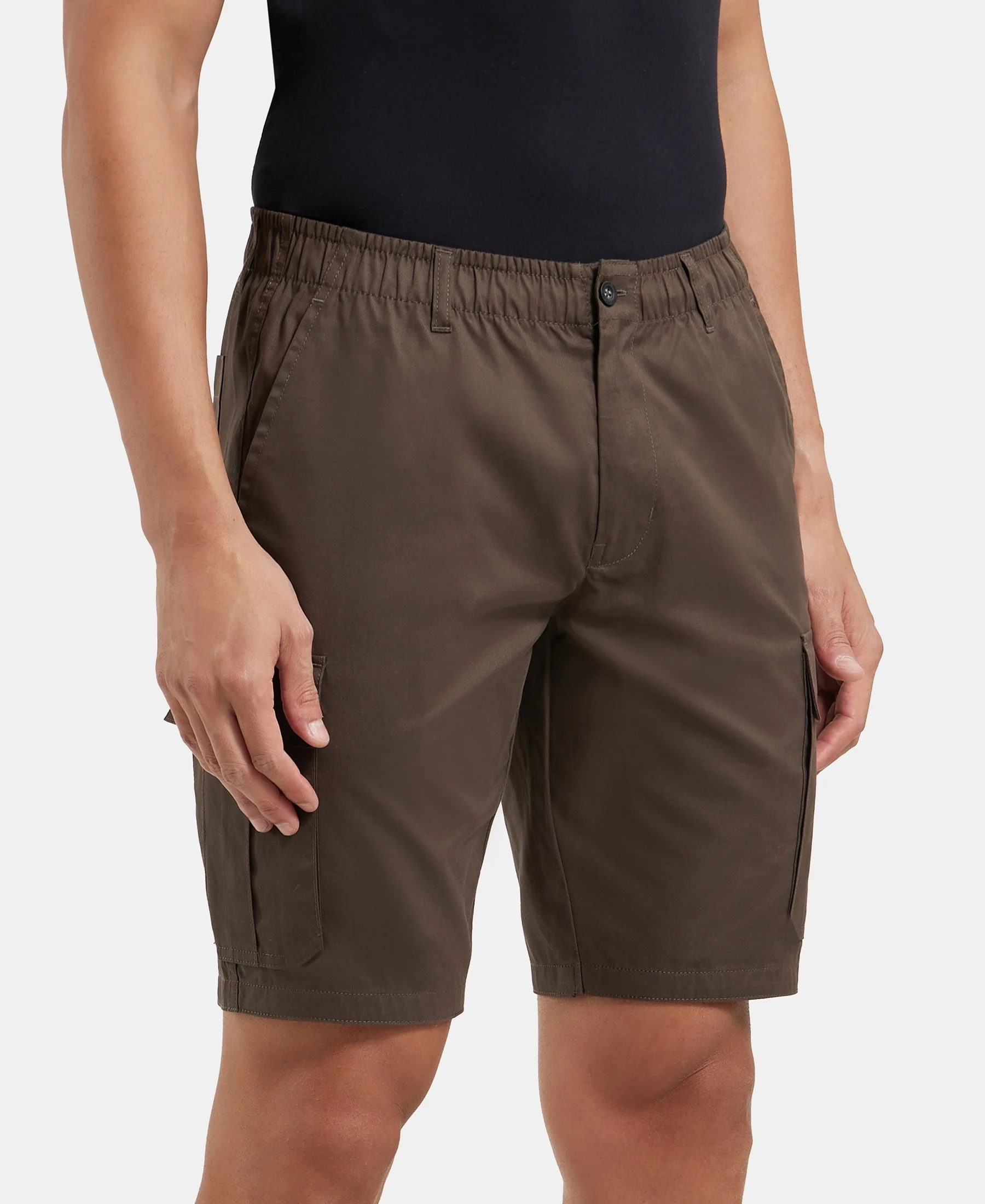 Super Combed Mercerised Cotton Woven Straight Fit Cargo Shorts - Black Olive - Image 2