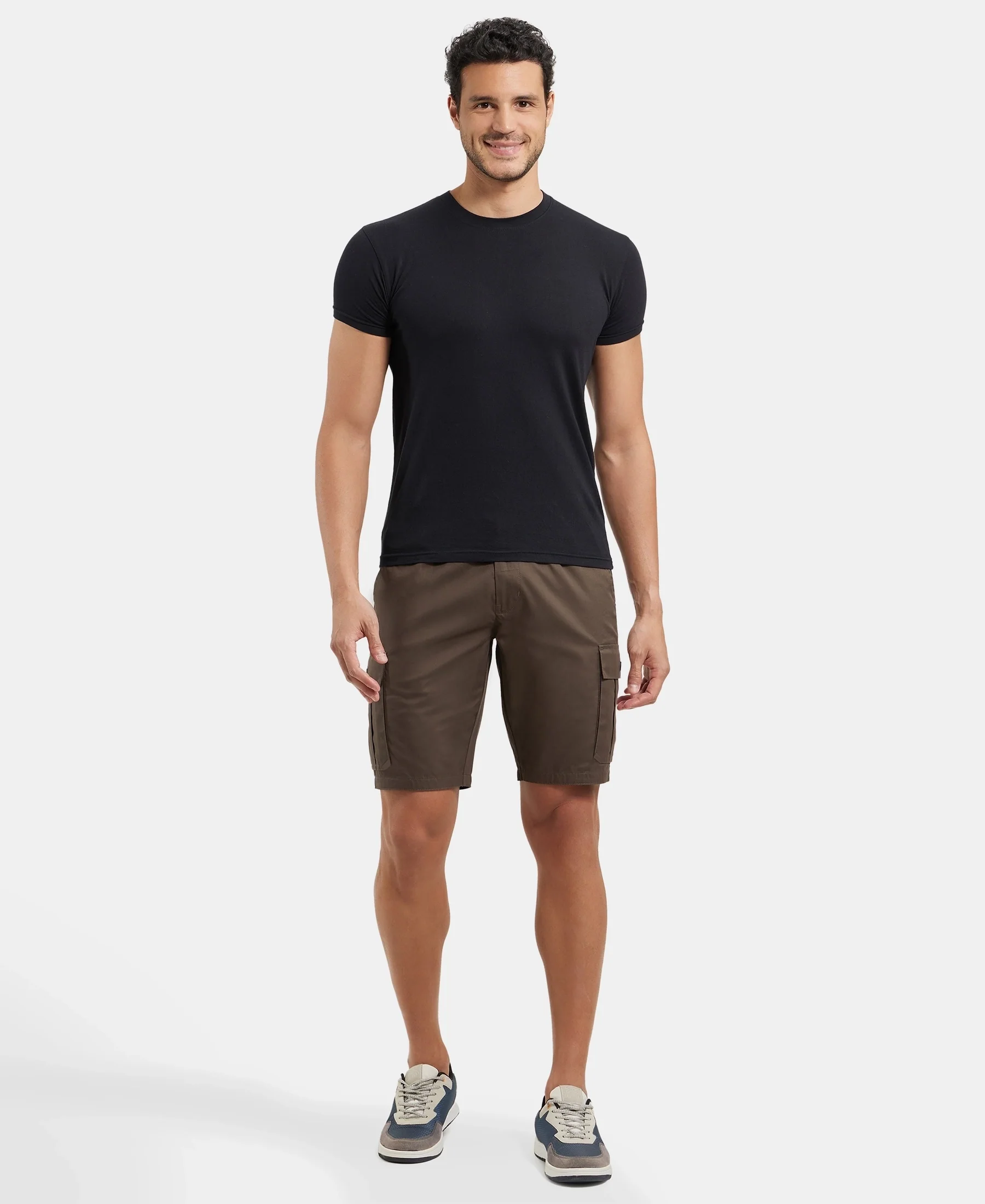 Super Combed Mercerised Cotton Woven Straight Fit Cargo Shorts - Black Olive - Image 4