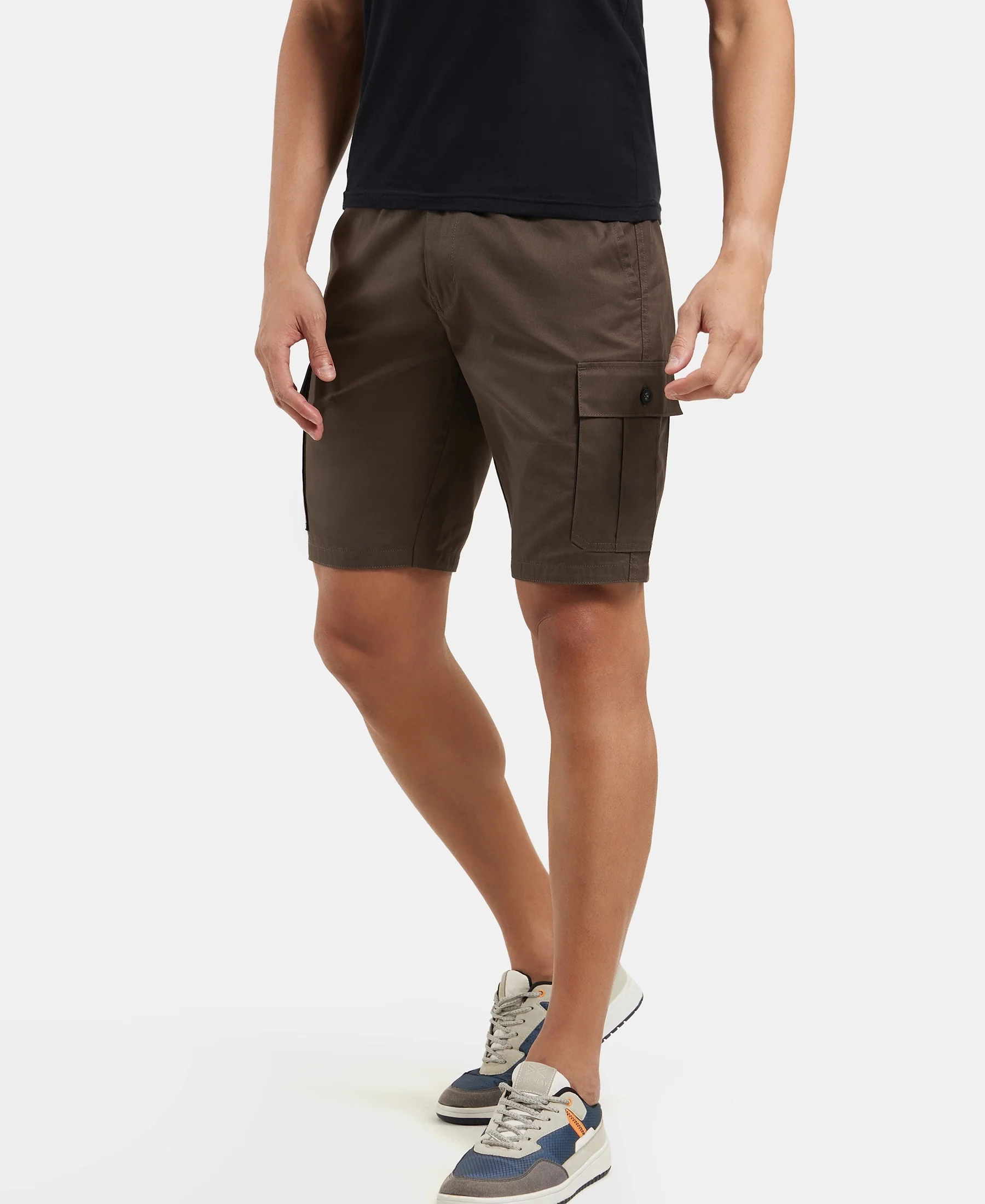 Super Combed Mercerised Cotton Woven Straight Fit Cargo Shorts - Black Olive - Image 5