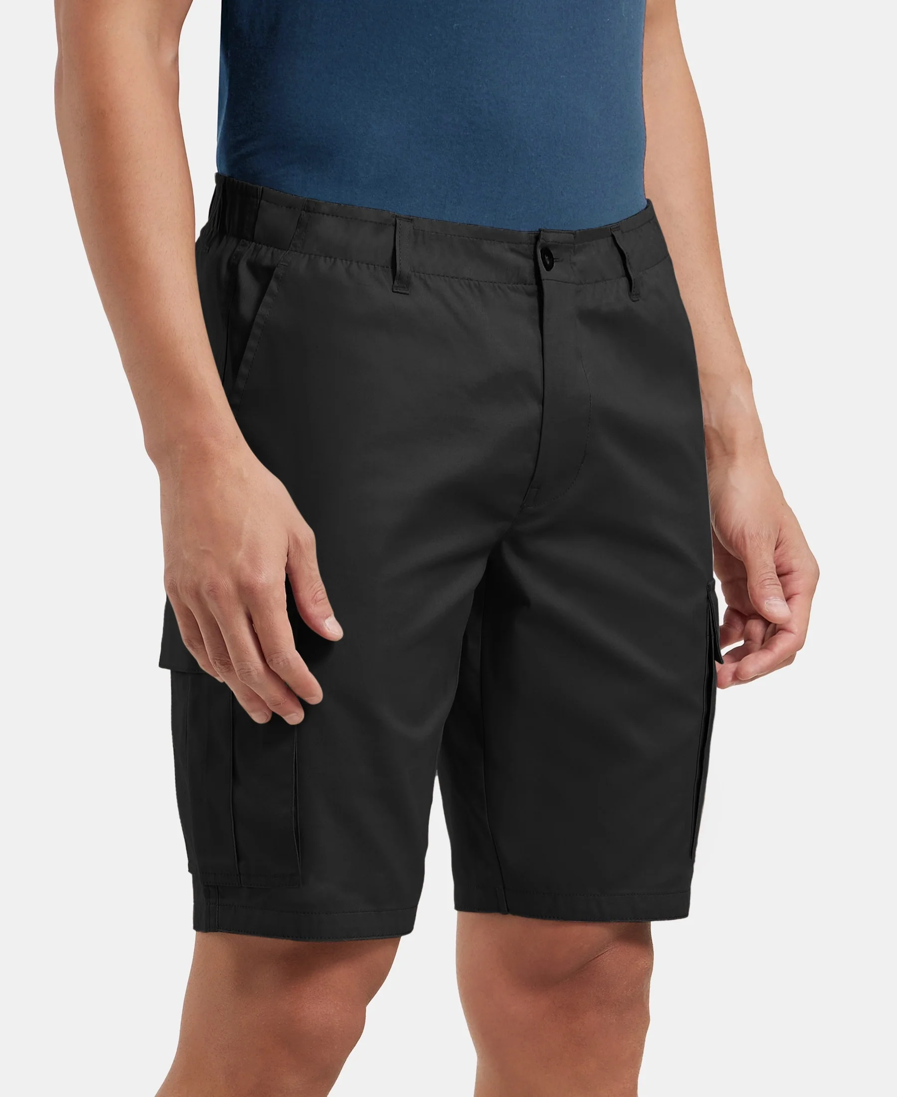 Super Combed Mercerised Cotton Woven Straight Fit Cargo Shorts - Black - Image 2
