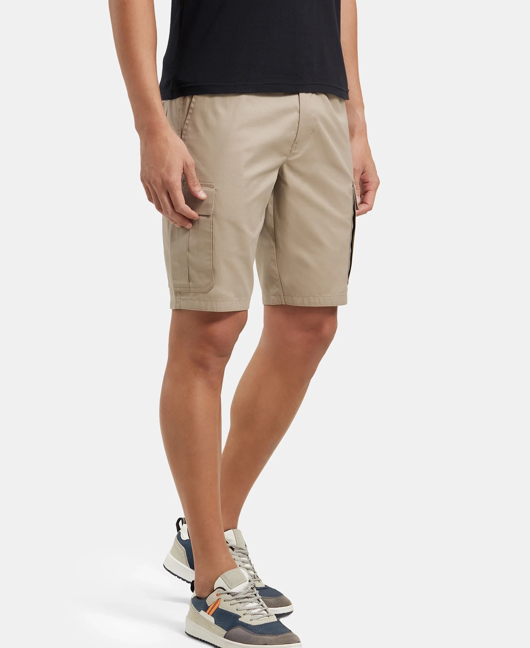 Super Combed Mercerised Cotton Woven Straight Fit Cargo Shorts - Khaki - Image 5