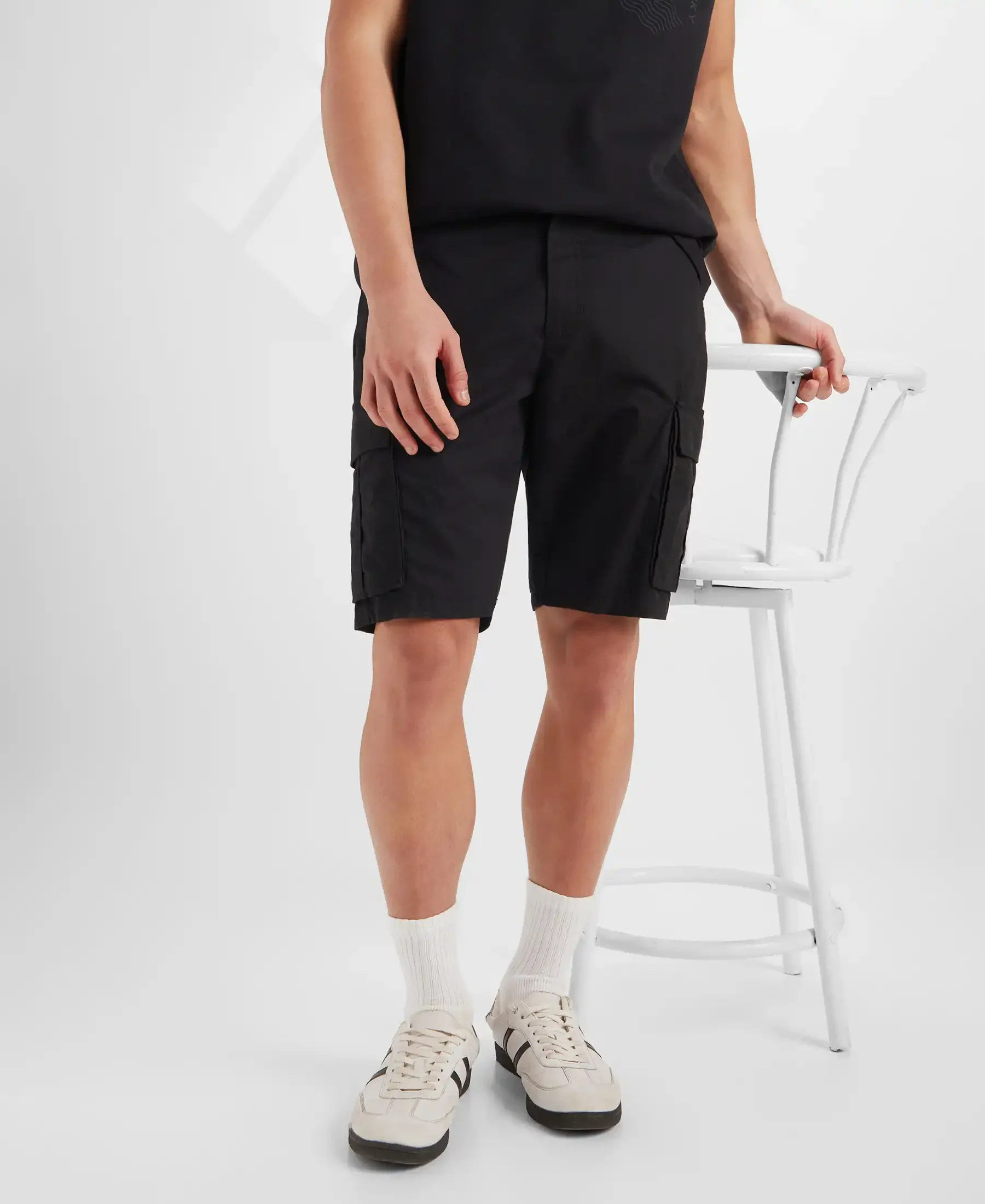 Super Combed Cotton Woven Straight Fit Cargo Shorts with Seven Pockets - Black - Image 5