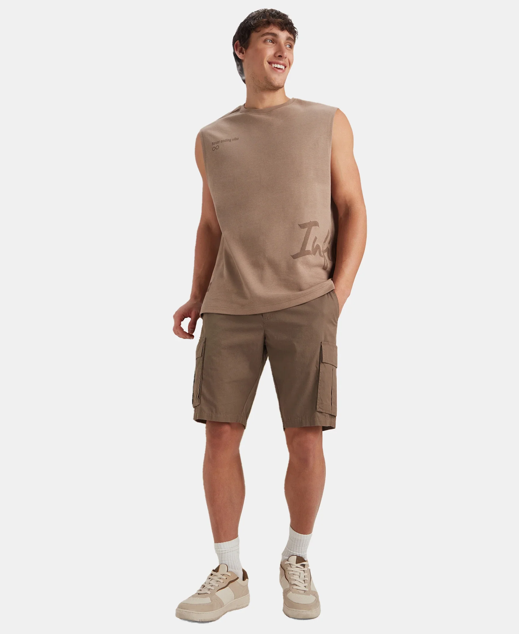 Super Combed Cotton Woven Straight Fit Cargo Shorts with Seven Pockets - Dark Khaki - Image 6