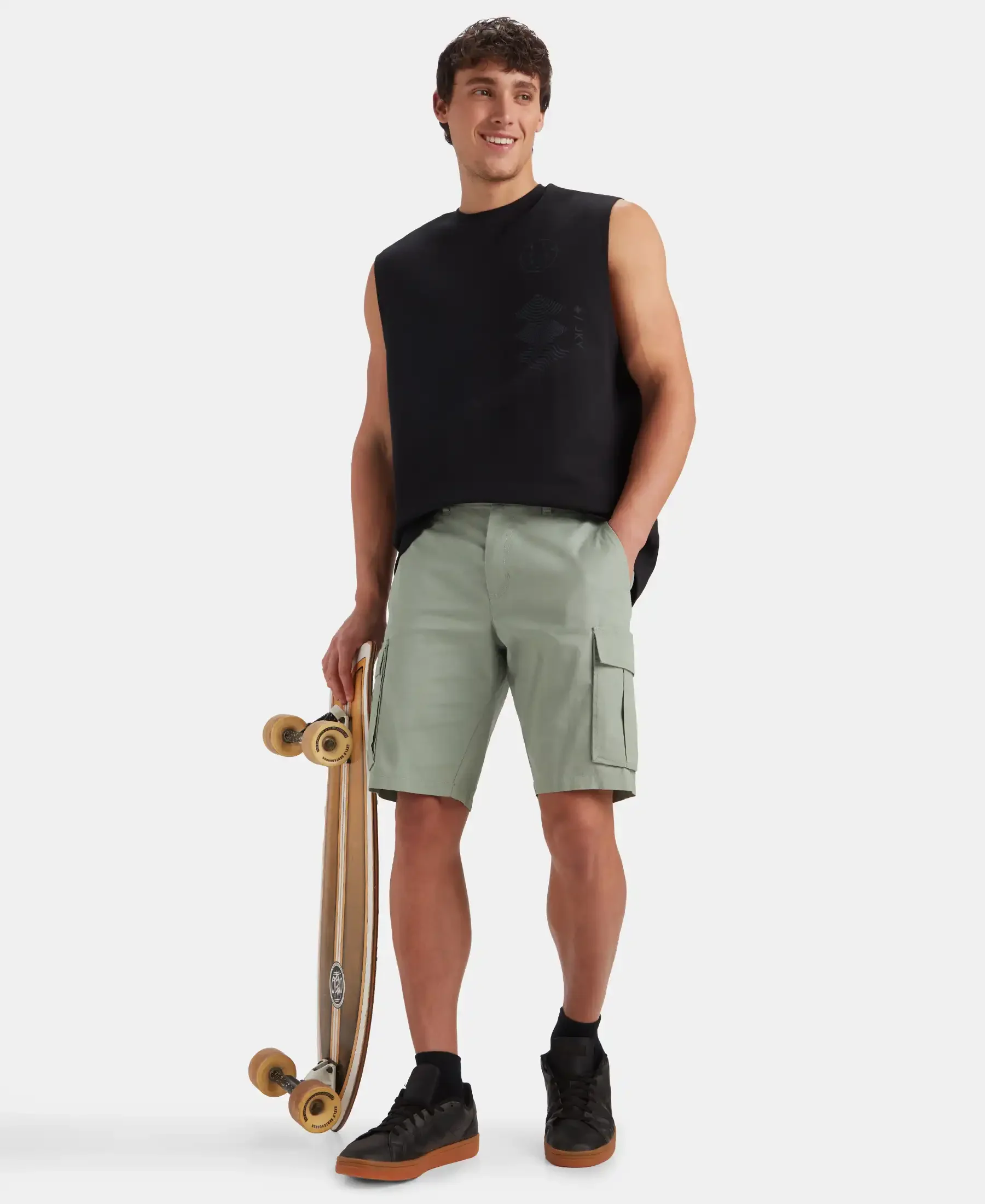 Super Combed Cotton Woven Straight Fit Cargo Shorts with Seven Pockets - Iceberg Green - Image 3