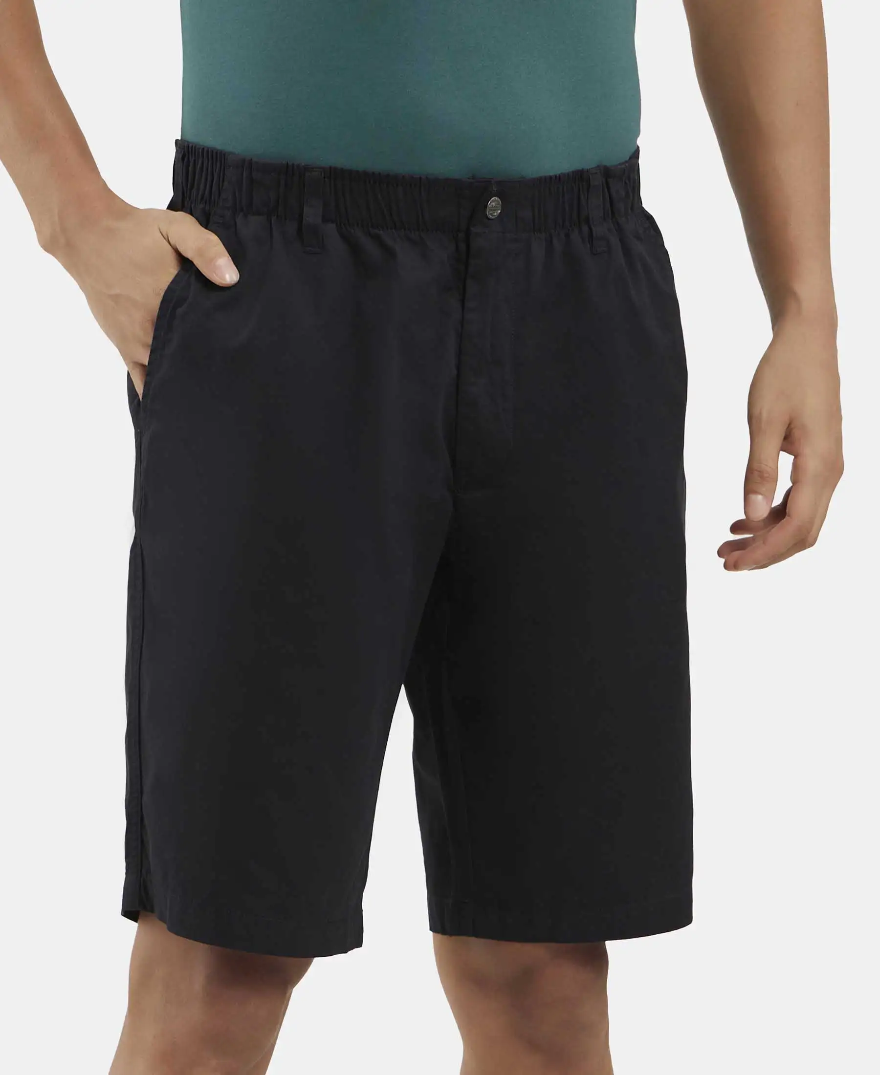 Super Combed Mercerised Cotton Woven Straight Fit Shorts with Side Pockets - Black - Image 2