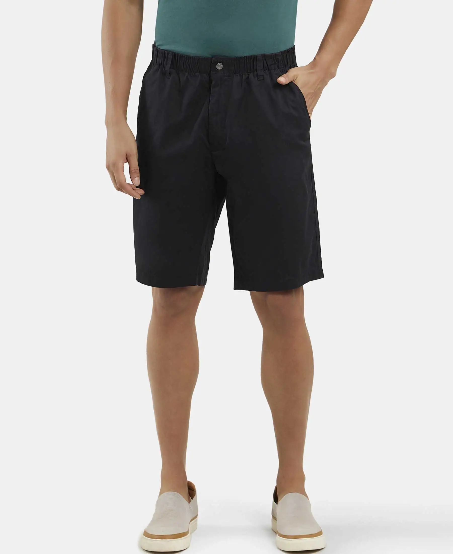 Super Combed Mercerised Cotton Woven Straight Fit Shorts with Side Pockets - Black - Image 5