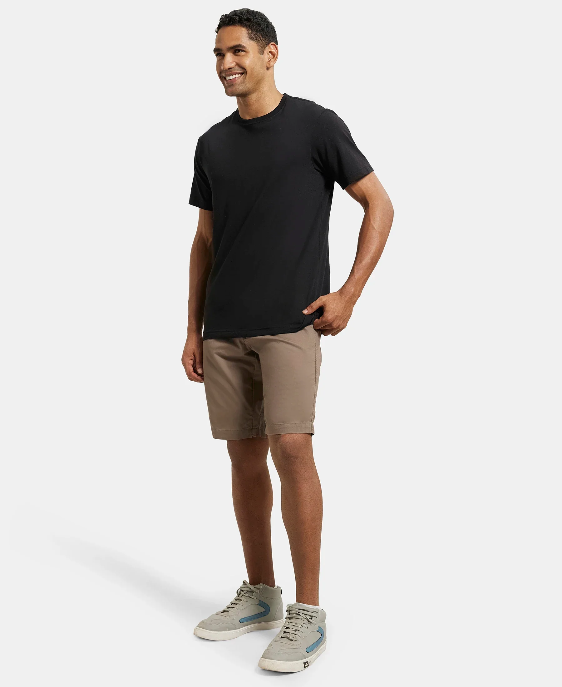Super Combed Mercerised Cotton Woven Straight Fit Shorts with Side Pockets - Dark Khaki - Image 4