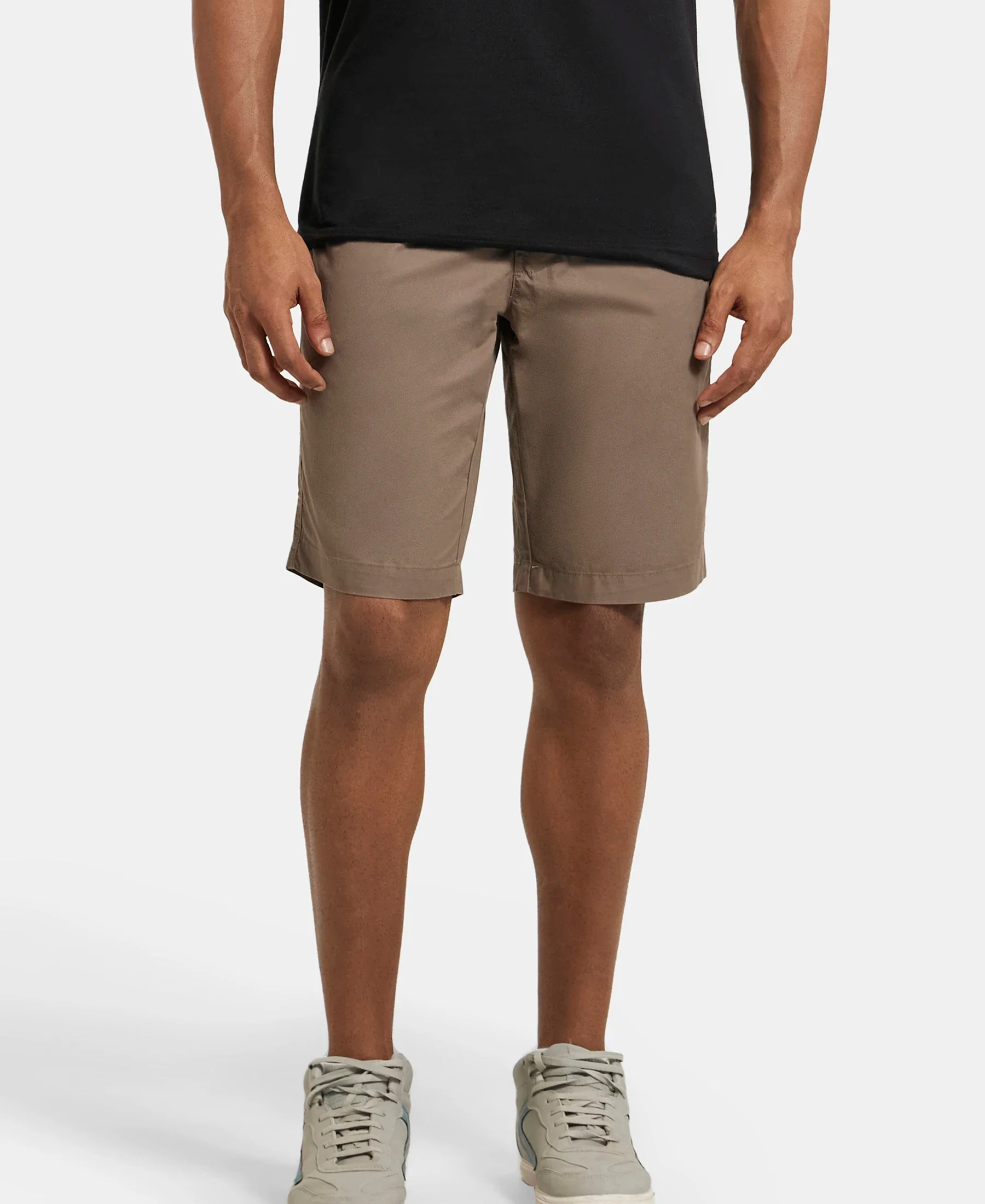 Super Combed Mercerised Cotton Woven Straight Fit Shorts with Side Pockets - Dark Khaki - Image 5