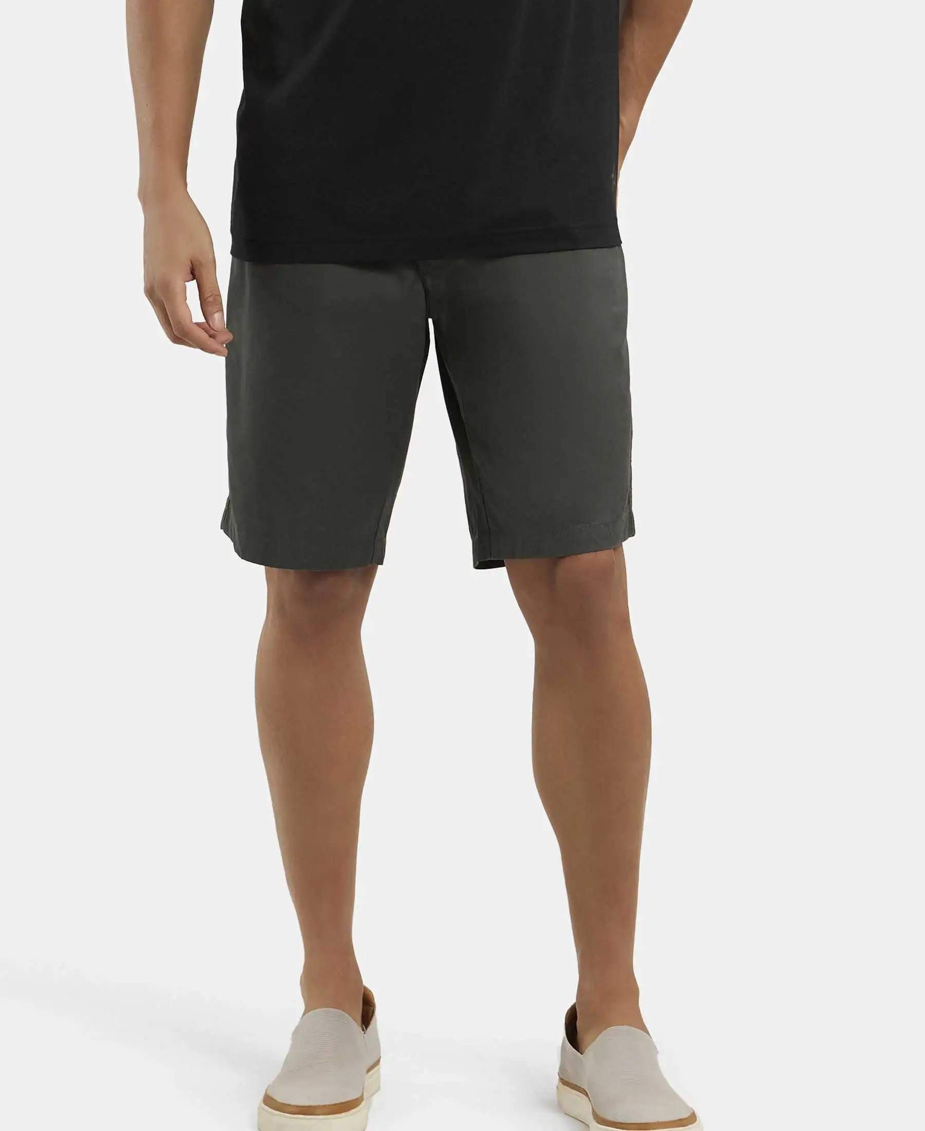Super Combed Mercerised Cotton Woven Straight Fit Shorts with Side Pockets - Forest Green - Image 5