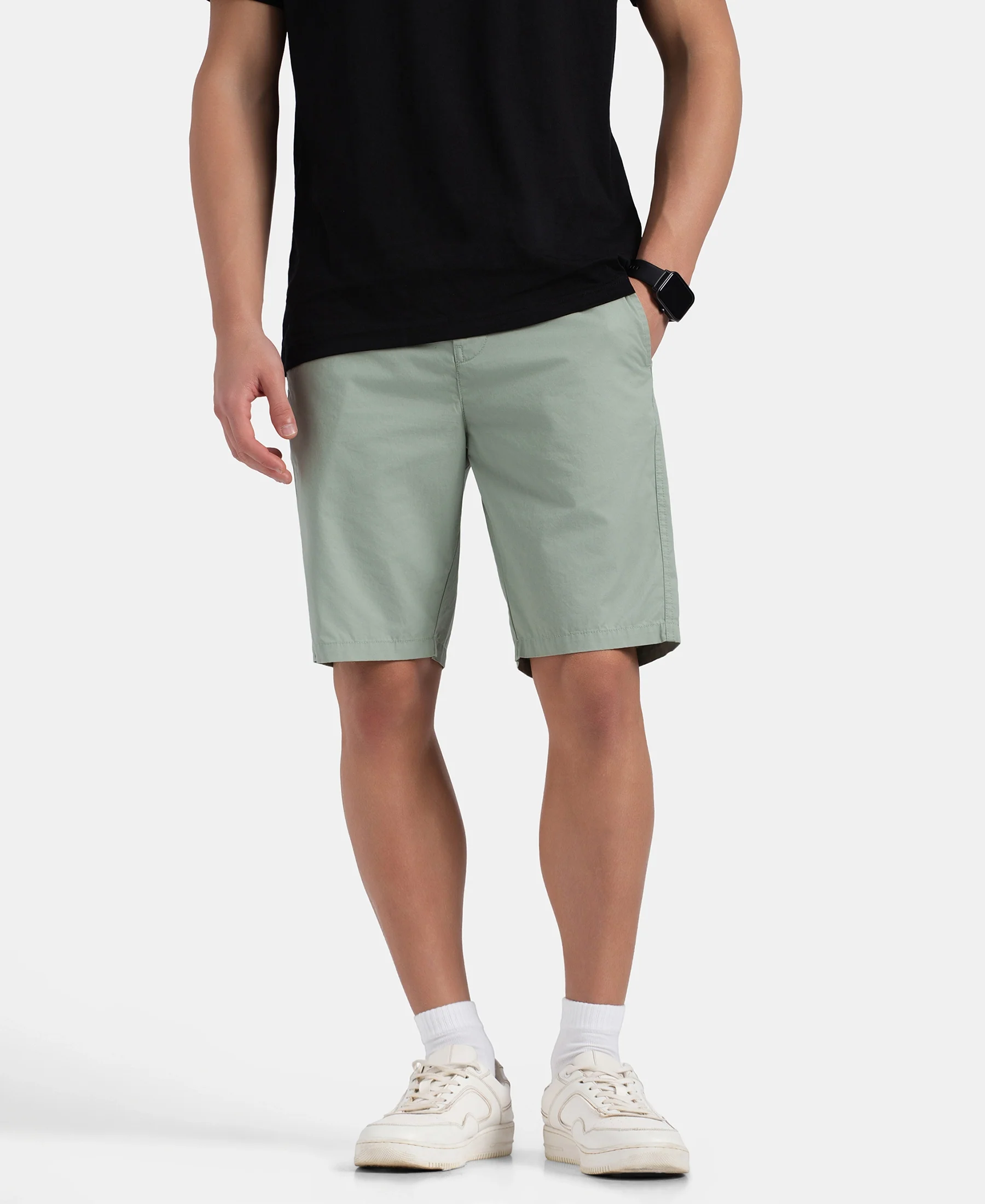 Super Combed Mercerised Cotton Woven Straight Fit Shorts with Side Pockets - Iceberg Green - Image 5