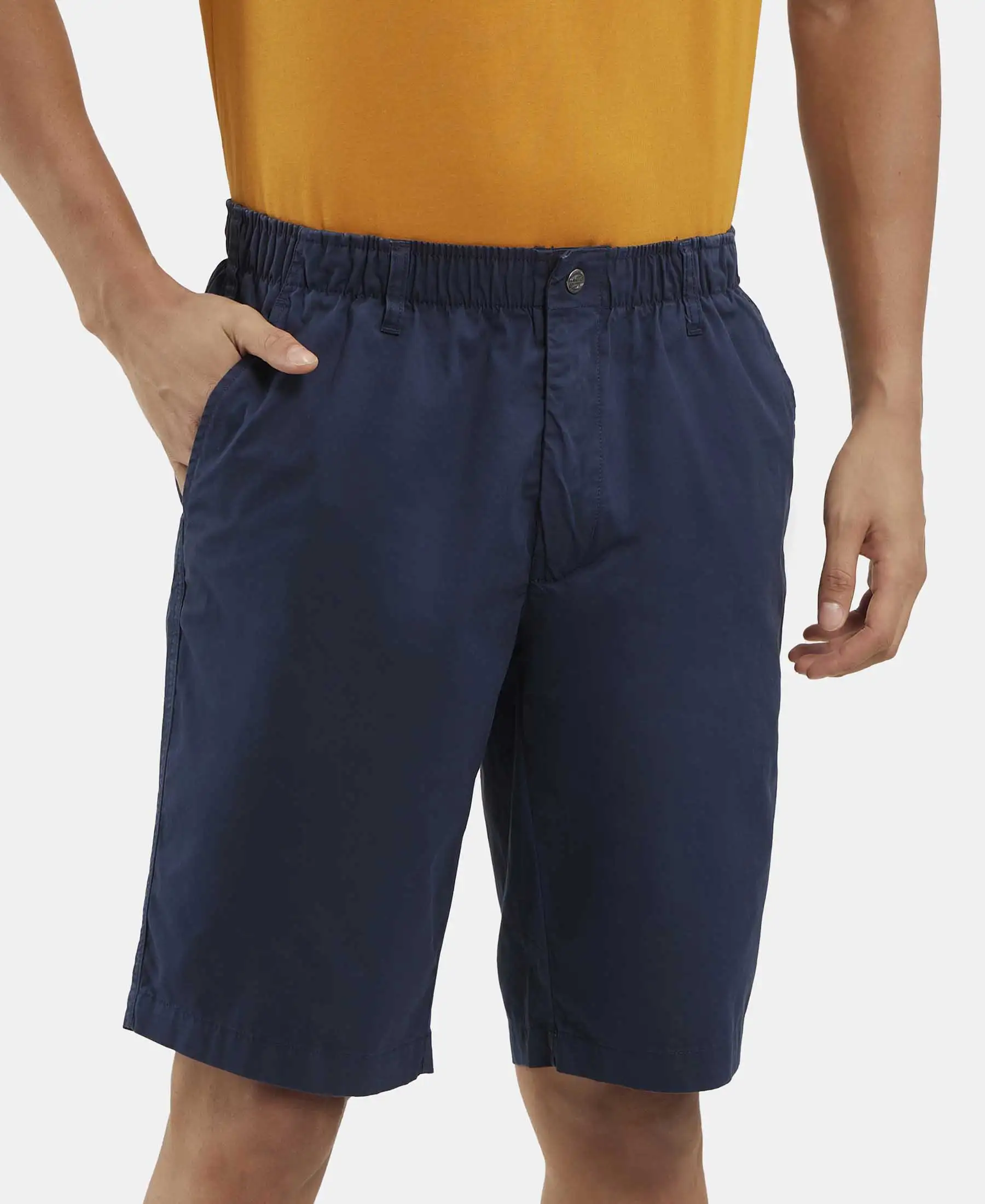 Super Combed Mercerised Cotton Woven Straight Fit Shorts with Side Pockets - Navy - Image 2