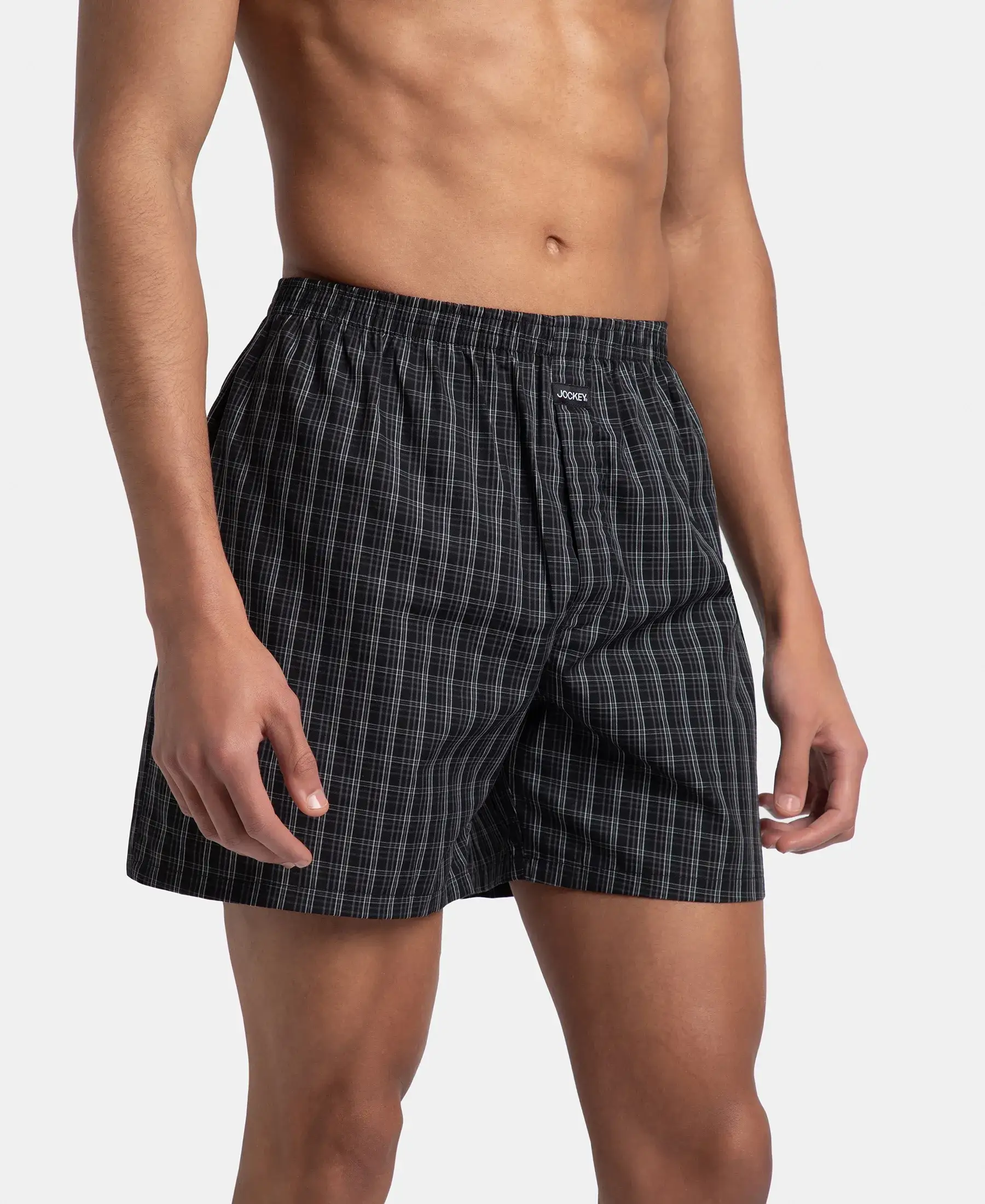Super Combed Mercerized Cotton Woven Checkered Boxer Shorts with Back Pocket - Black & Slate (Pack of 2) - Image 3