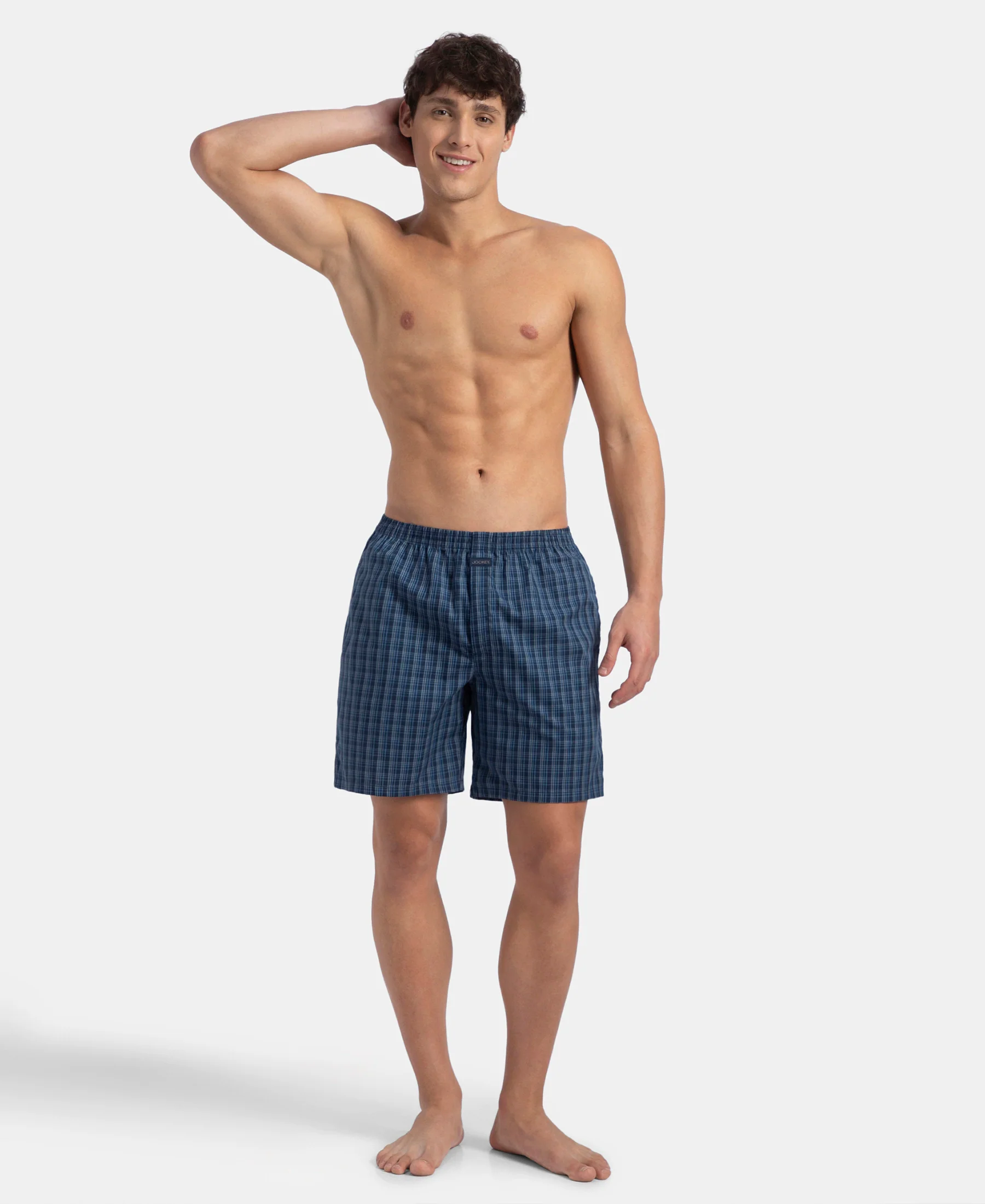 Super Combed Mercerized Cotton Woven Checkered Boxer Shorts with Back Pocket - Navy & Blue Shadow New (Pack of 2) - Image 10