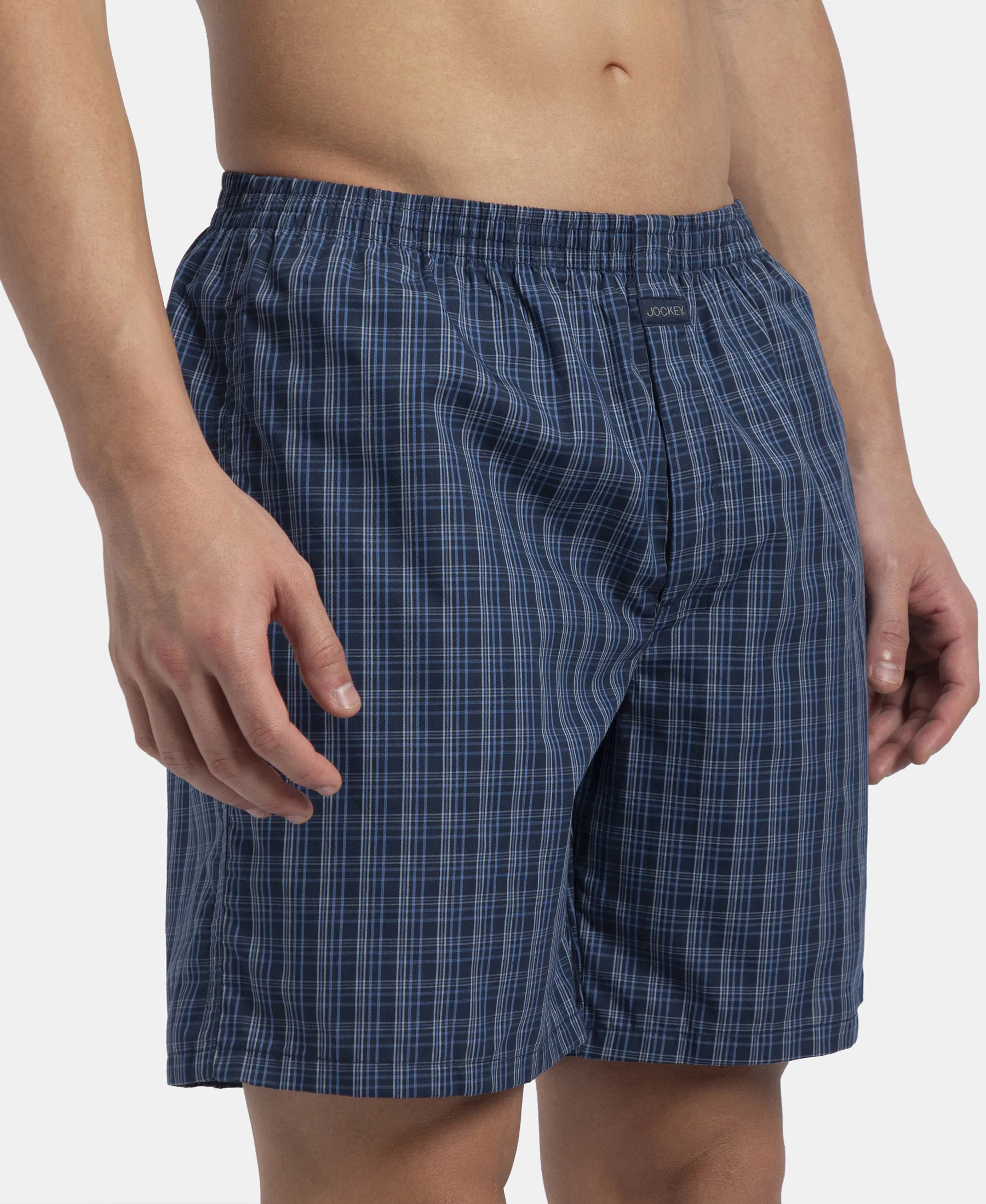 Super Combed Mercerized Cotton Woven Checkered Boxer Shorts with Back Pocket - Navy & Blue Shadow New (Pack of 2) - Image 14