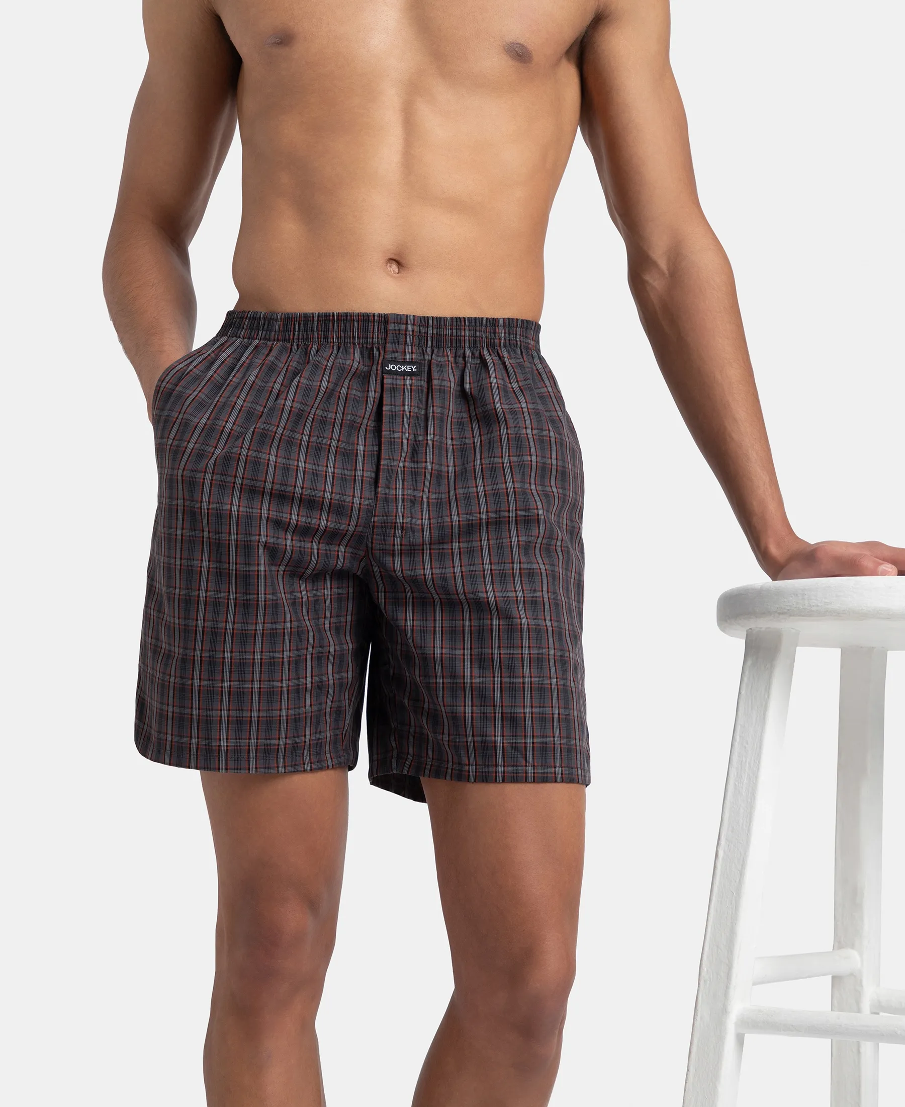 Super Combed Mercerized Cotton Woven Checkered Boxer Shorts with Side Pocket - Grey & Black (Pack of 2) - Image 7
