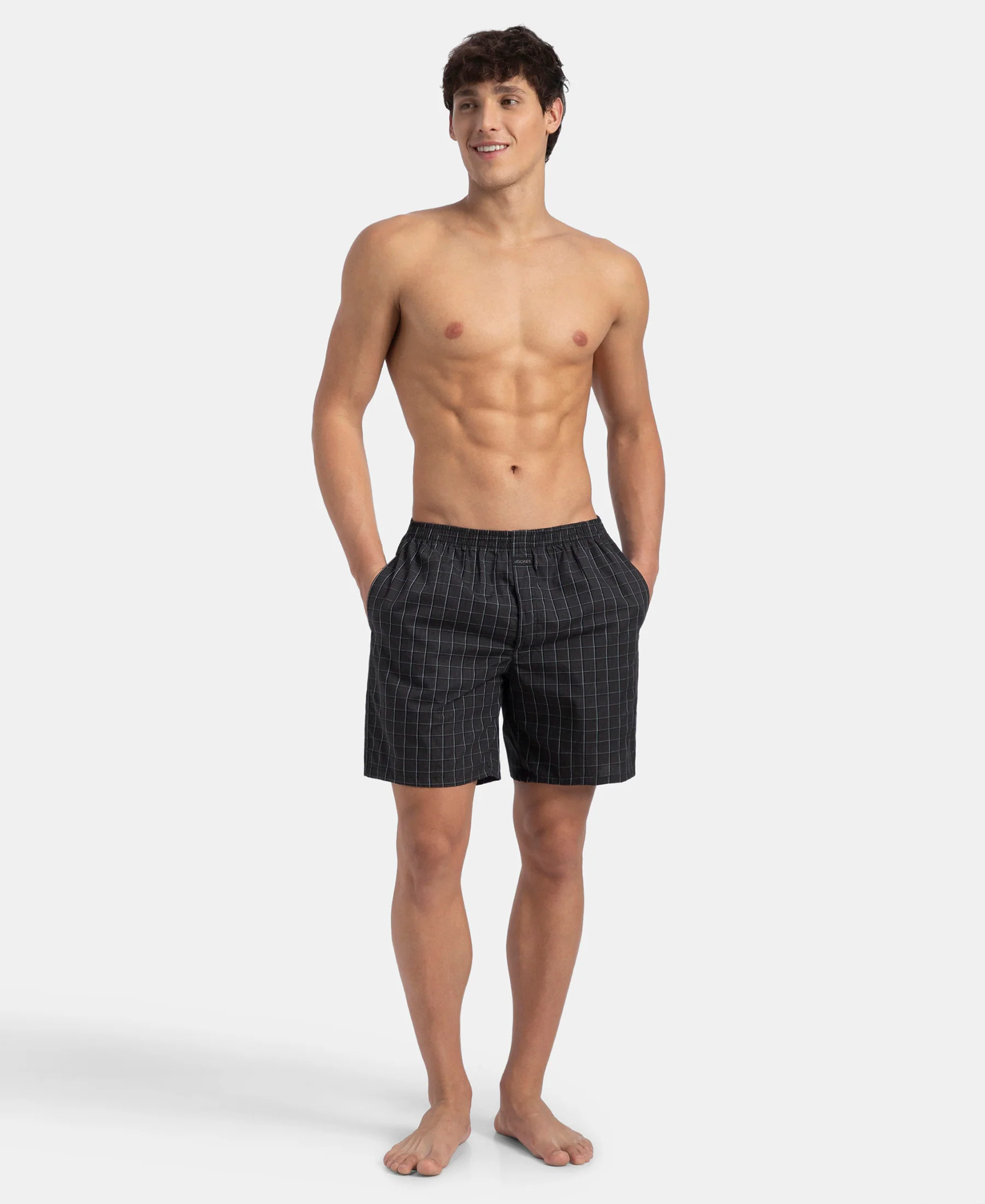 Super Combed Mercerized Cotton Woven Checkered Boxer Shorts with Side Pocket - Grey & Black (Pack of 2) - Image 9