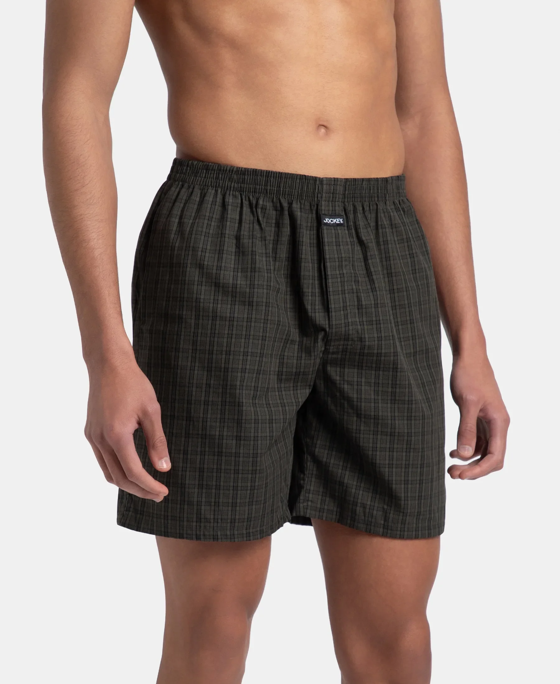 Super Combed Mercerized Cotton Woven Checkered Boxer Shorts with Side Pocket - Grey & Deep Olive (Pack of 2) - Image 3