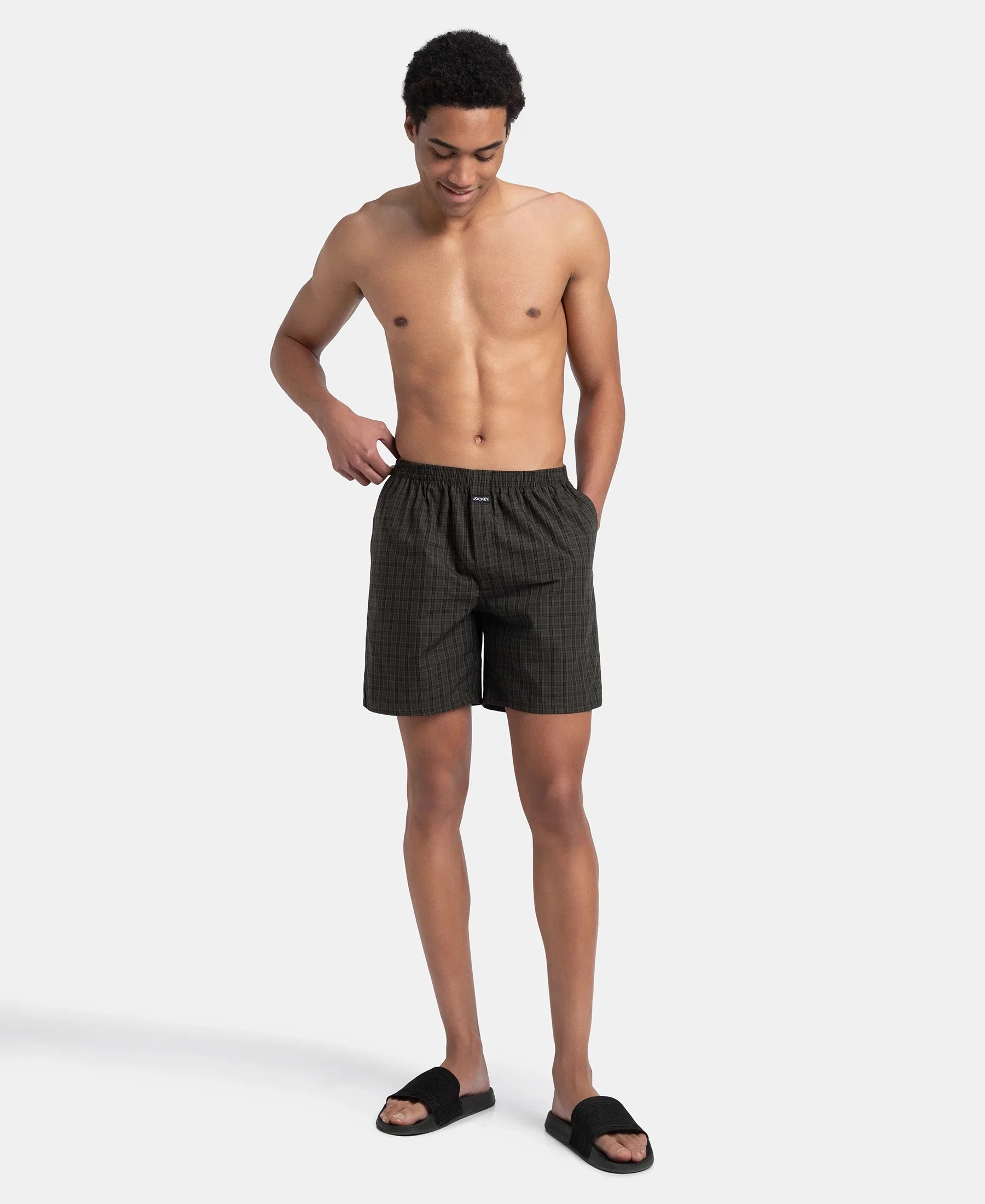 Super Combed Mercerized Cotton Woven Checkered Boxer Shorts with Side Pocket - Grey & Deep Olive (Pack of 2) - Image 4
