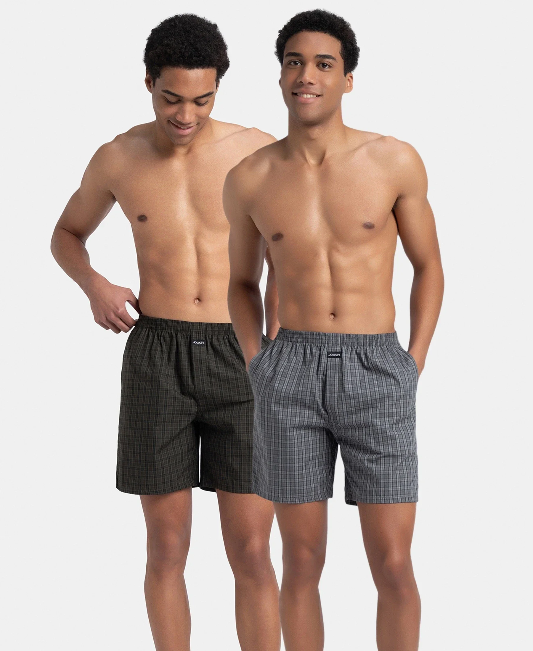 Super Combed Mercerized Cotton Woven Checkered Boxer Shorts with Side Pocket - Grey & Deep Olive (Pack of 2) - Image 5