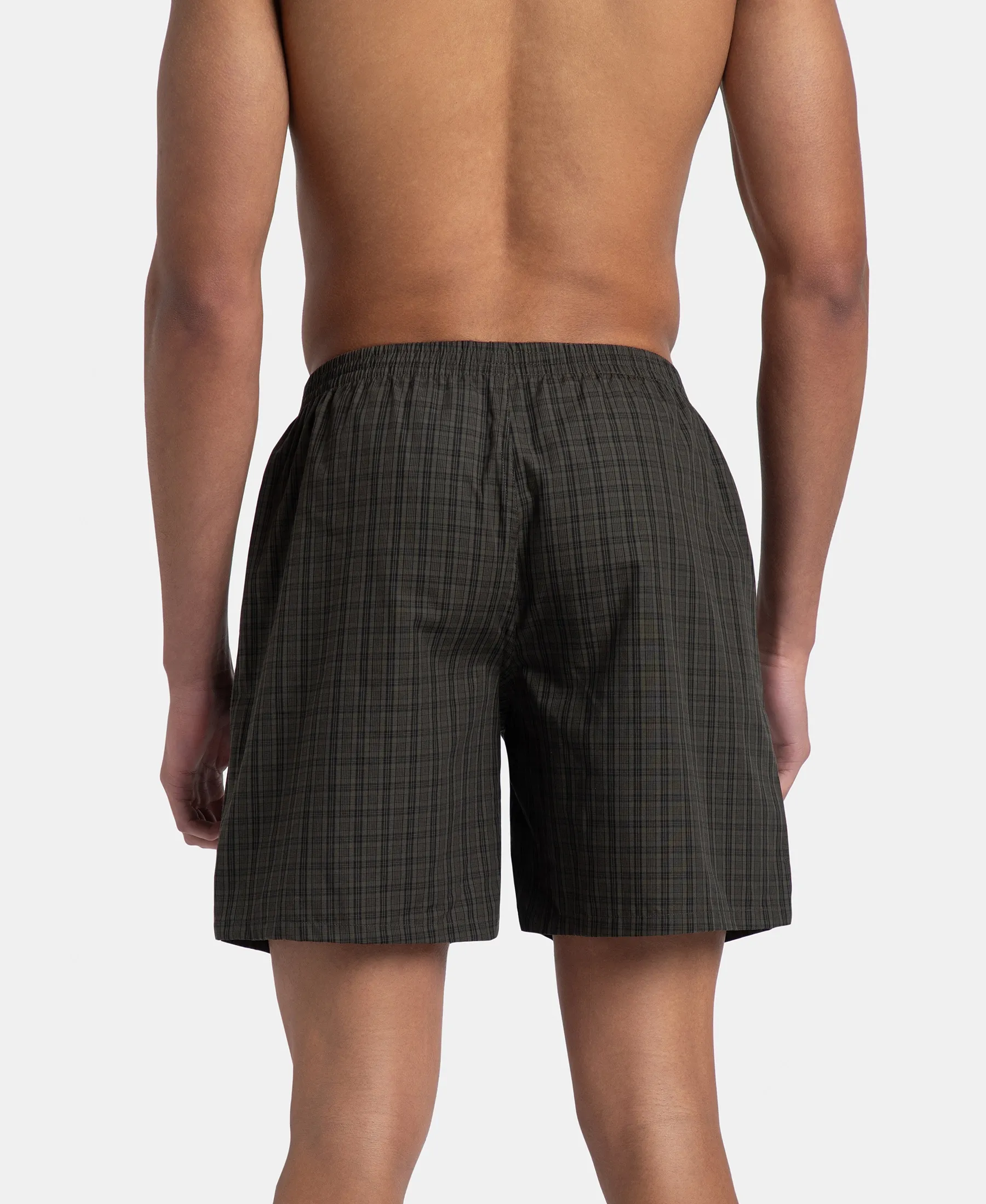 Super Combed Mercerized Cotton Woven Checkered Boxer Shorts with Side Pocket - Grey & Deep Olive (Pack of 2) - Image 6