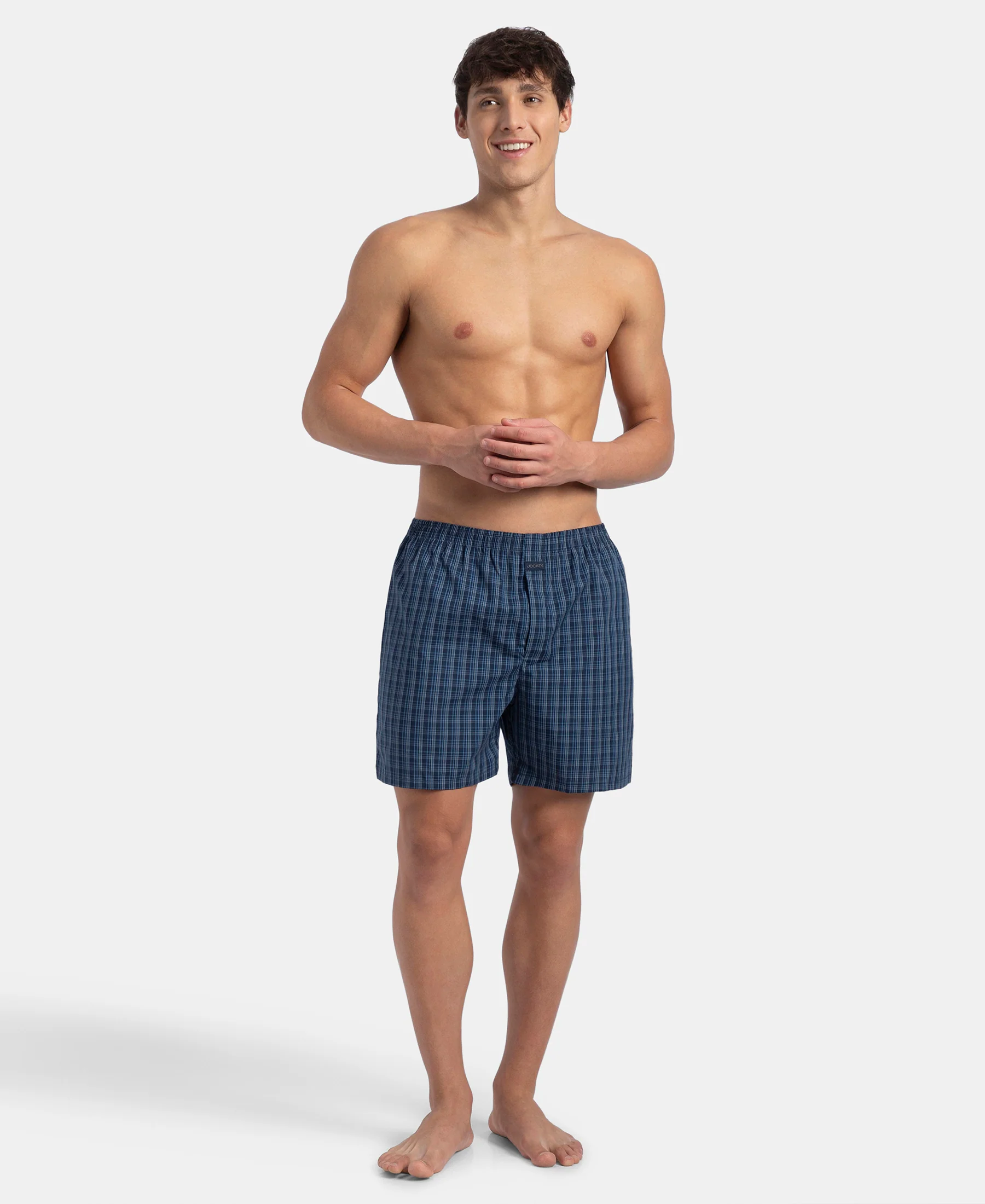 Super Combed Mercerized Cotton Woven Checkered Boxer Shorts with Side Pocket - Navy & Blue Shadow New (Pack of 2) - Image 9