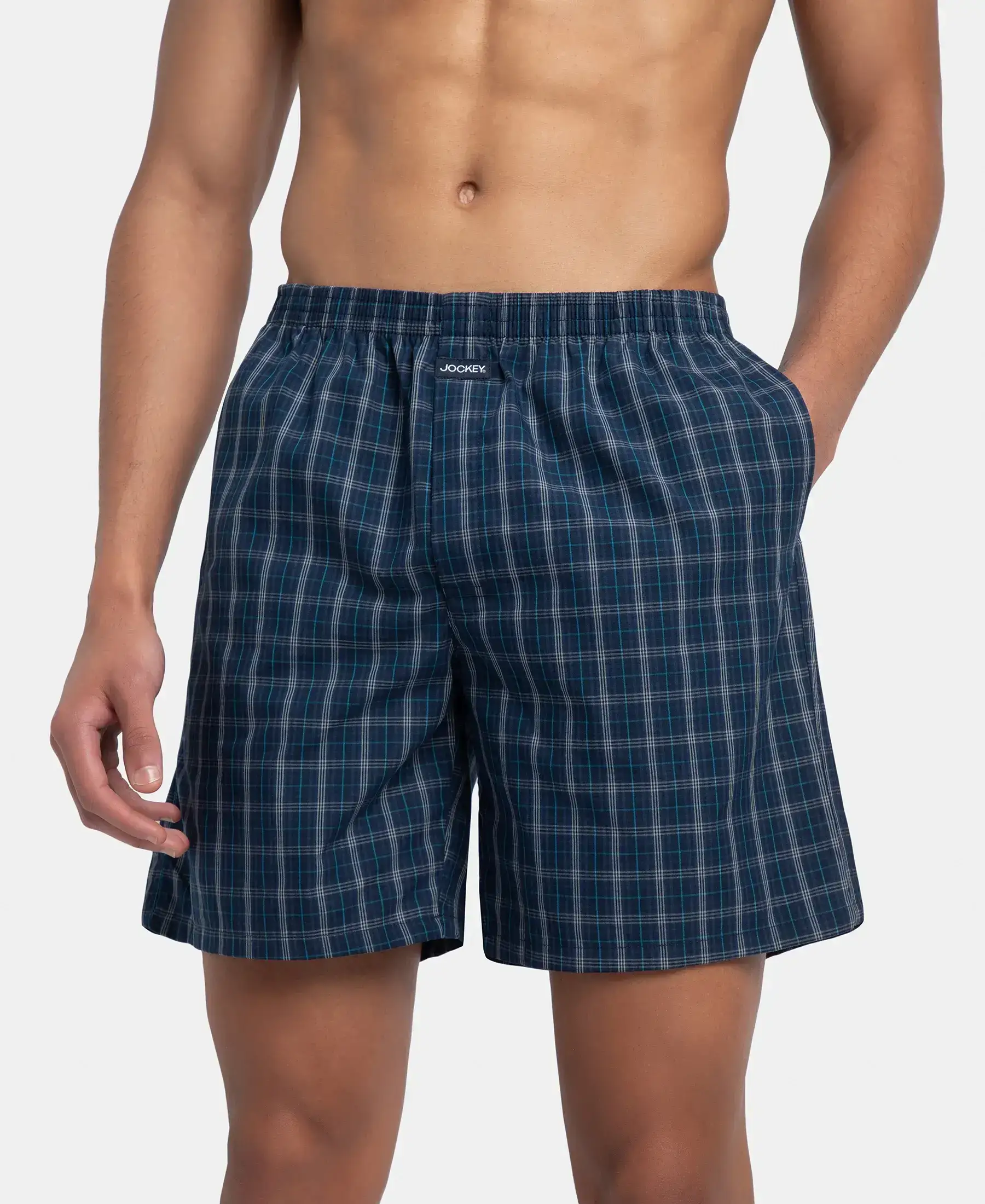 Super Combed Mercerized Cotton Woven Checkered Boxer Shorts with Side Pocket - Navy & Seaport Teal (Pack of 2) - Image 7