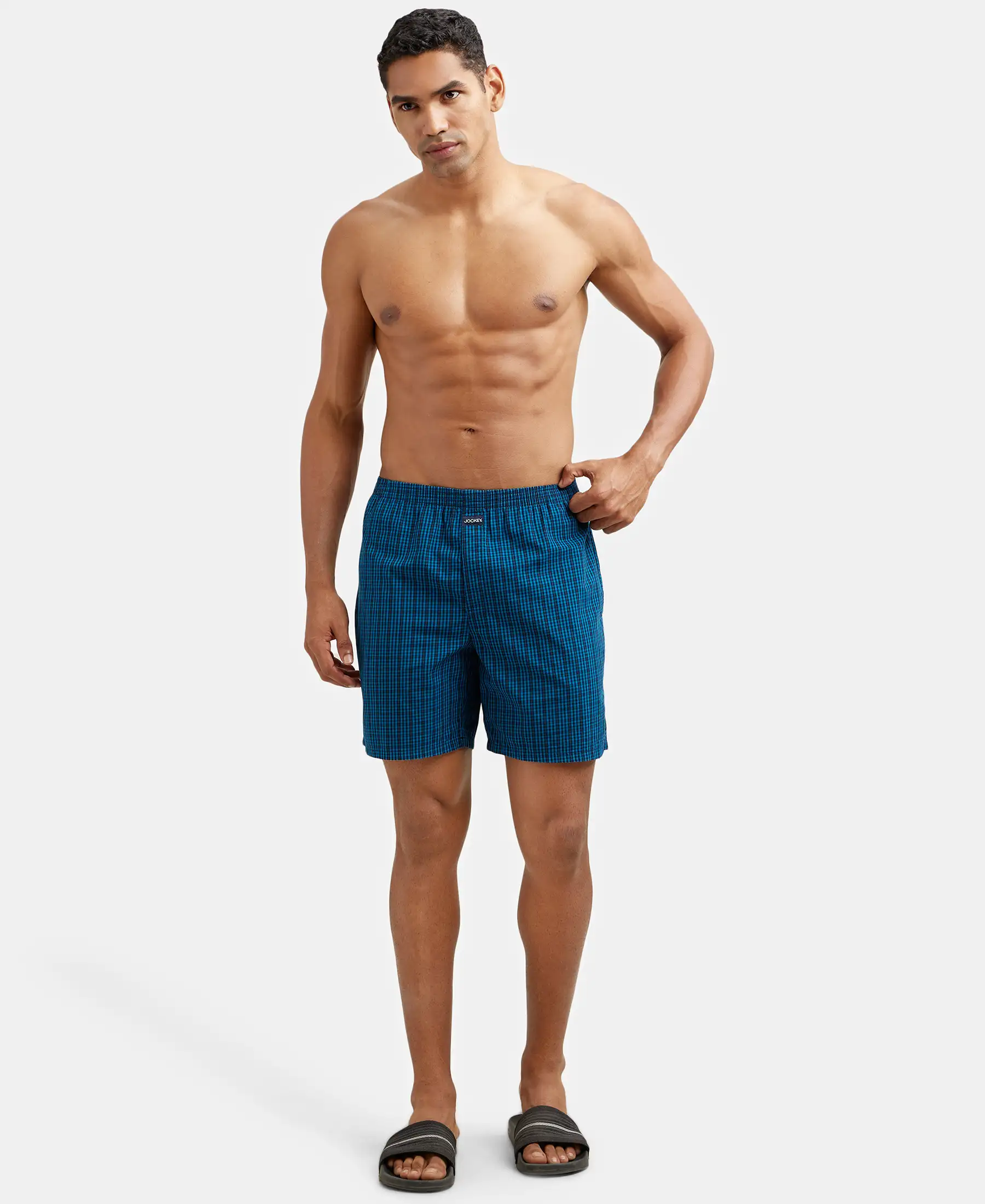 Super Combed Mercerized Cotton Woven Checkered Boxer Shorts with Side Pocket - Seaport Teal & Black(Pack of 2) - Image 13