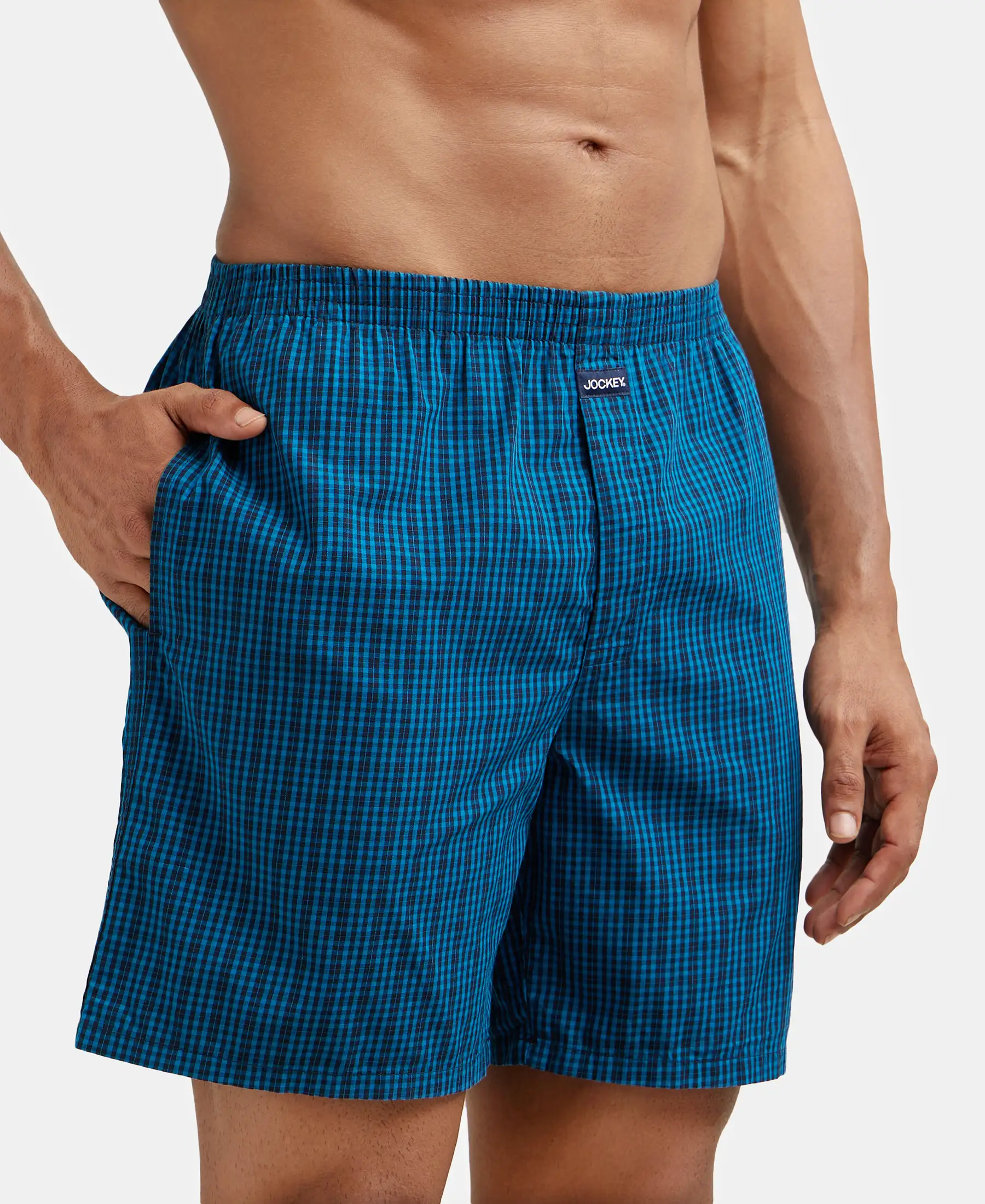 Super Combed Mercerized Cotton Woven Checkered Boxer Shorts with Side Pocket - Seaport Teal & Black(Pack of 2) - Image 4