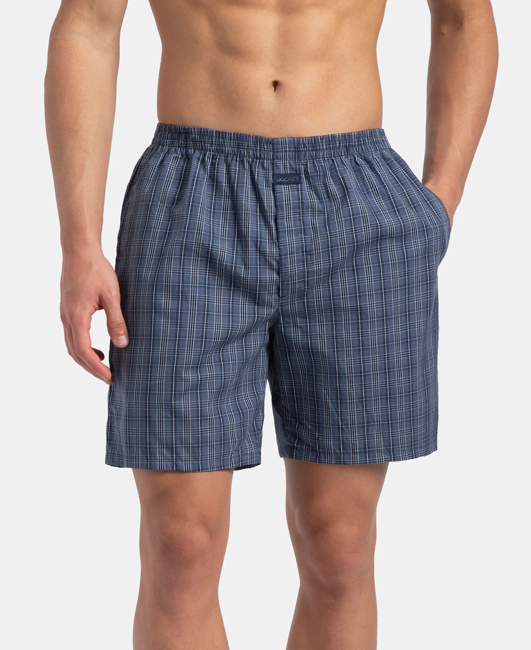 Super Combed Mercerized Cotton Woven Checkered Boxer Shorts with Side Pocket - Vintage Indigo & Black (Pack of 2) - Image 3