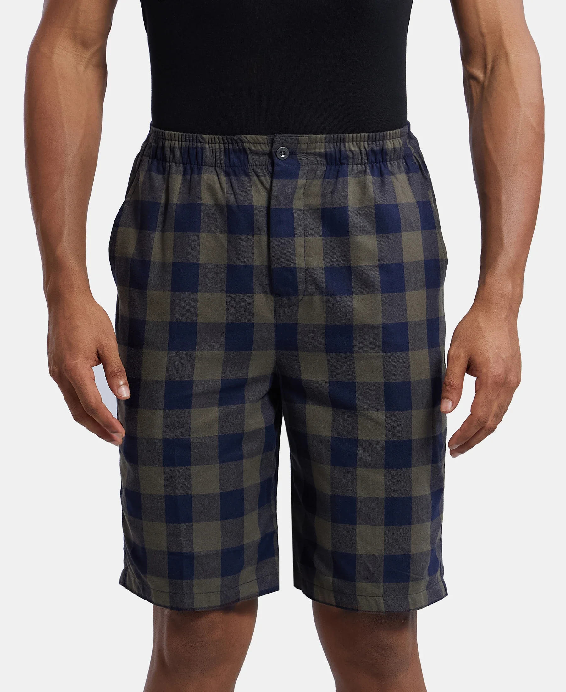 Super Combed Mercerized Cotton Woven Fabric Bermuda with Side Pockets - Navy & Deep Olive