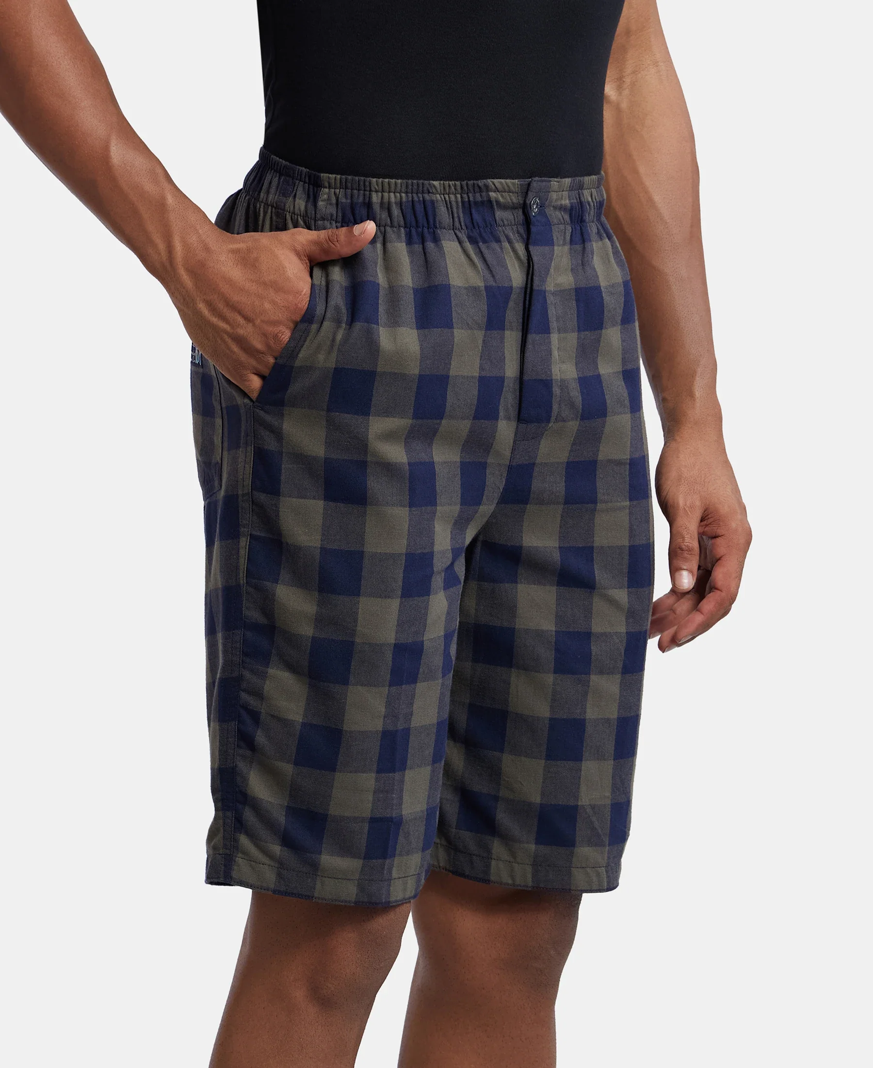 Super Combed Mercerized Cotton Woven Fabric Bermuda with Side Pockets - Navy & Deep Olive - Image 2