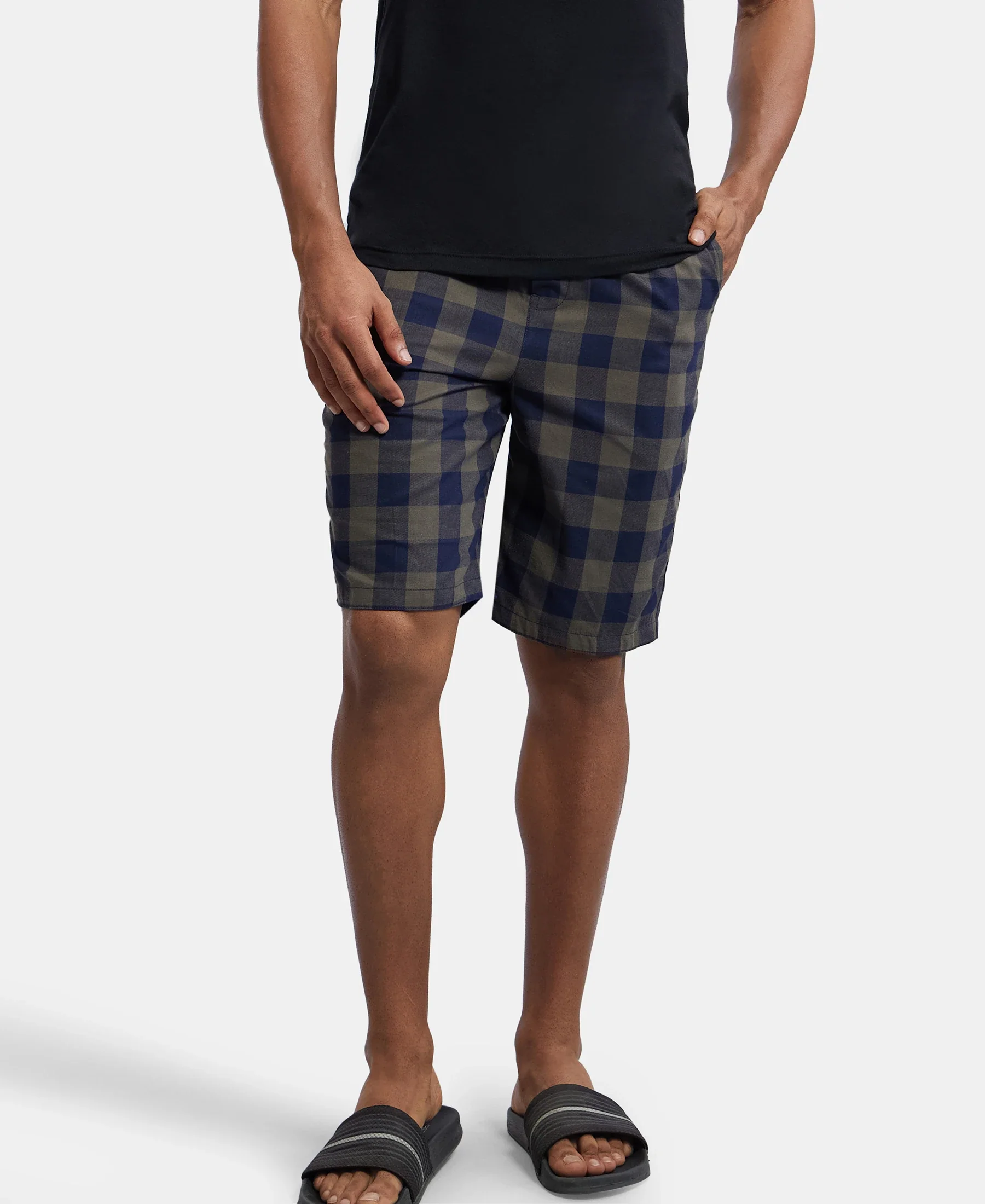 Super Combed Mercerized Cotton Woven Fabric Bermuda with Side Pockets - Navy & Deep Olive - Image 5