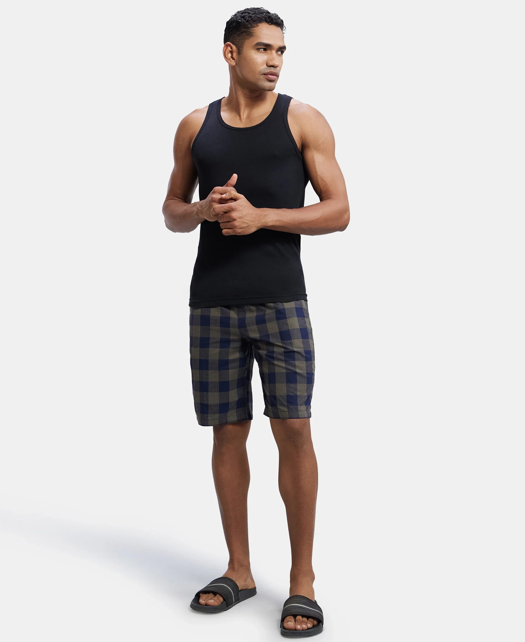 Super Combed Mercerized Cotton Woven Fabric Bermuda with Side Pockets - Navy & Deep Olive - Image 6