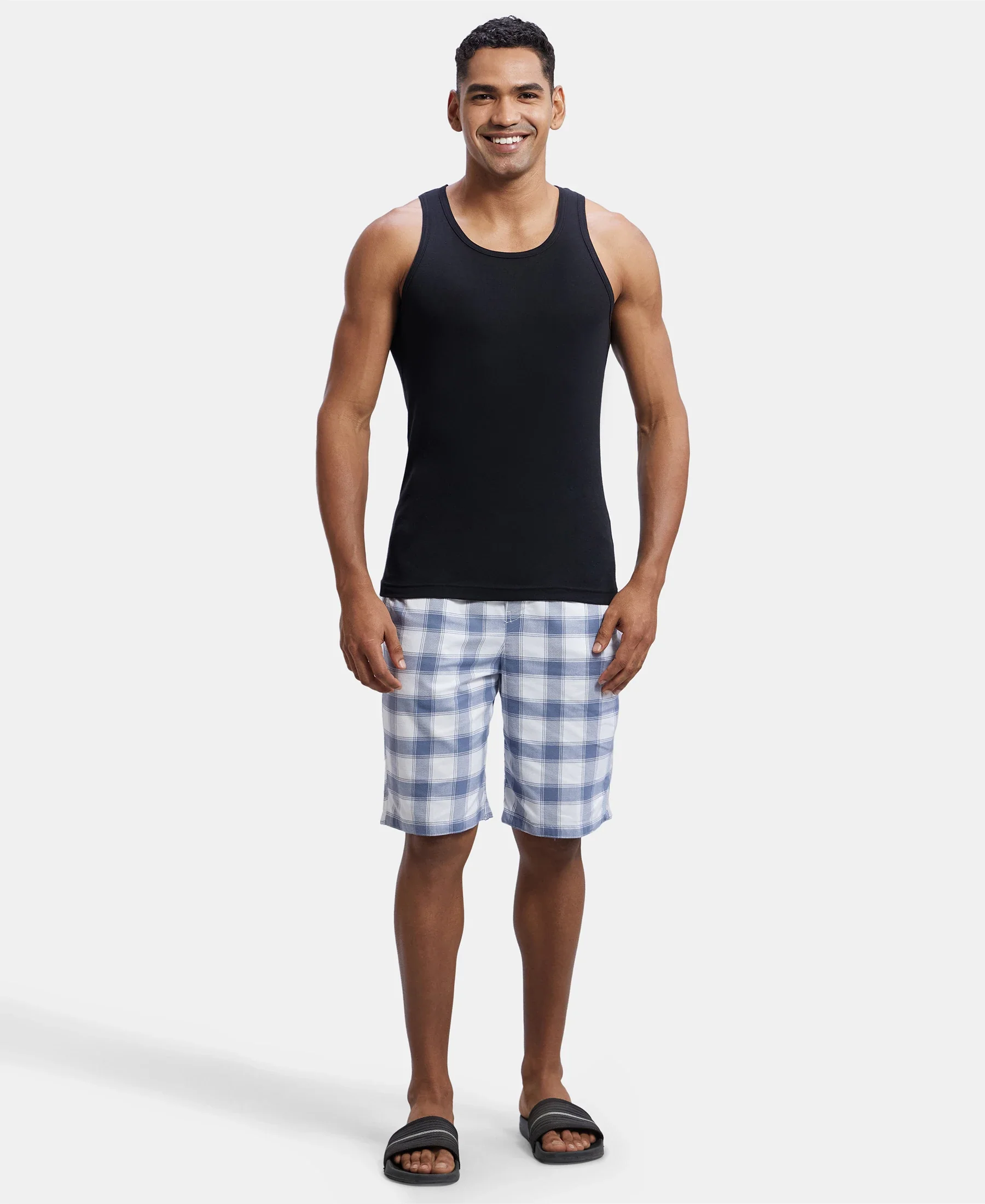 Super Combed Mercerized Cotton Woven Fabric Bermuda with Side Pockets - White & Blue - Image 4