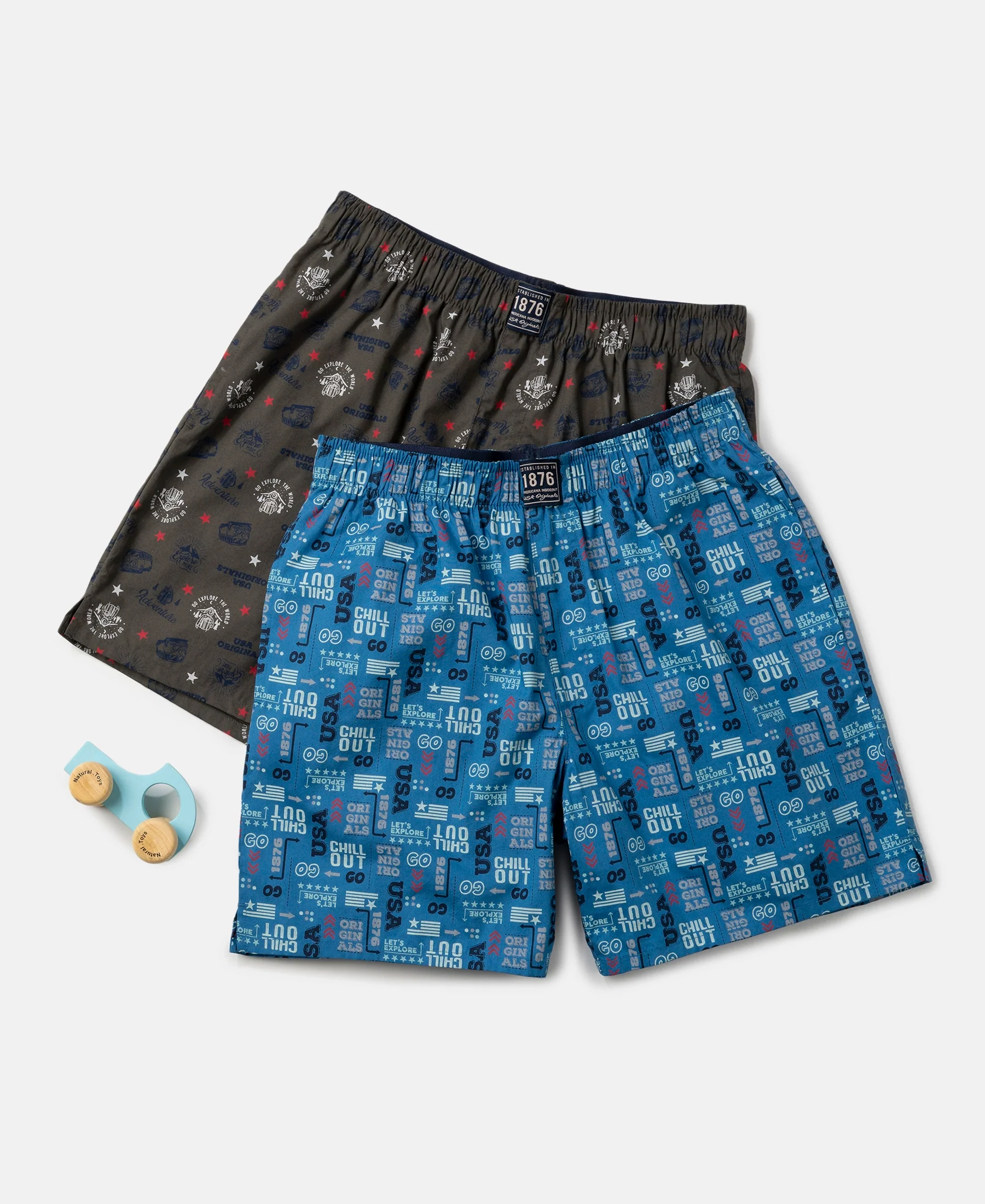 Super Combed Mercerized Cotton Woven Fabric Printed Boxer Shorts - Deep Olive & Vallarta Blue (Pack of 2) - Image 5