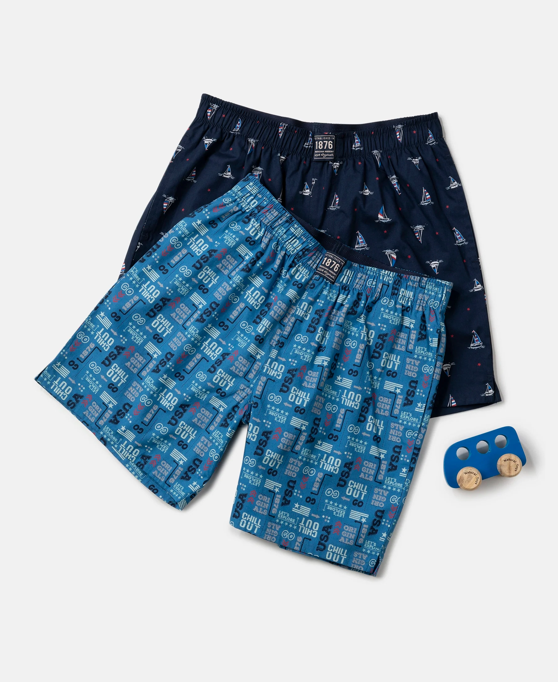 Super Combed Mercerized Cotton Woven Fabric Printed Boxer Shorts - Navy & Vallarta Blue (Pack of 2) - Image 5