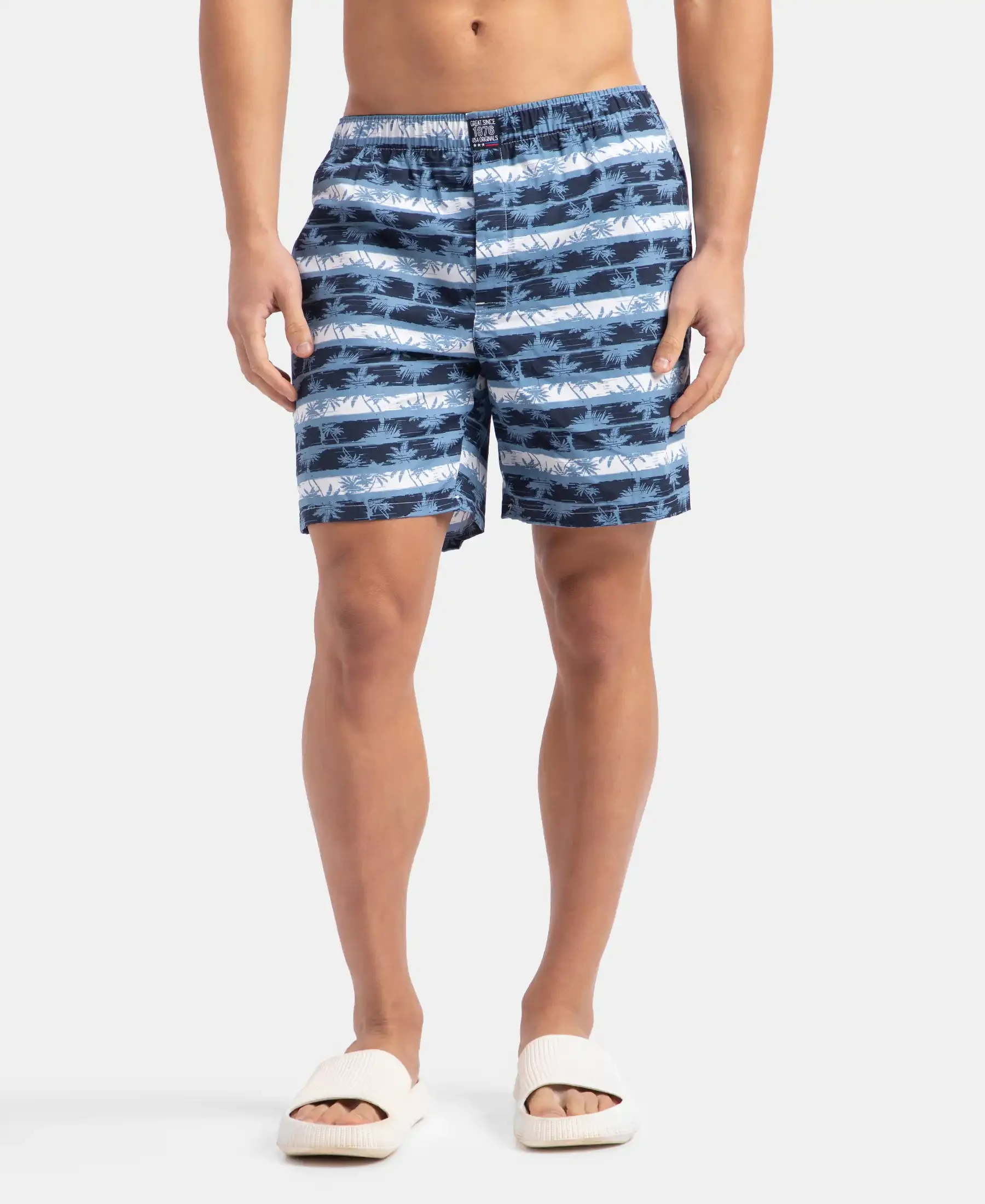 Super Combed Mercerized Cotton Woven Printed Boxer Shorts with Side Pockets - Blue Heaven