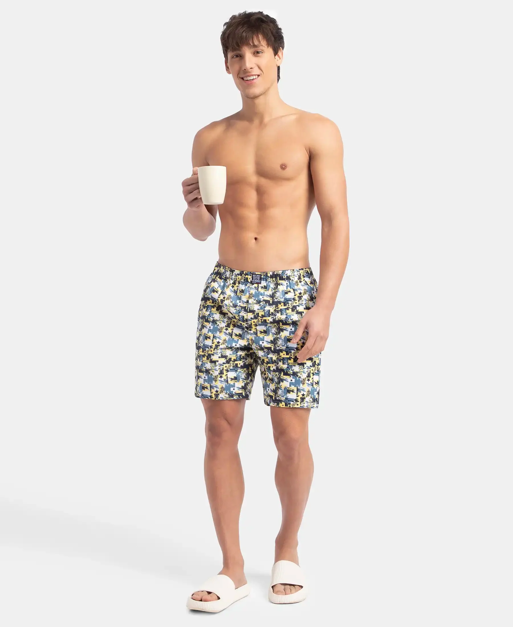 Super Combed Mercerized Cotton Woven Printed Boxer Shorts with Side Pockets - Blue Heaven & White (Pack of 2) - Image 4