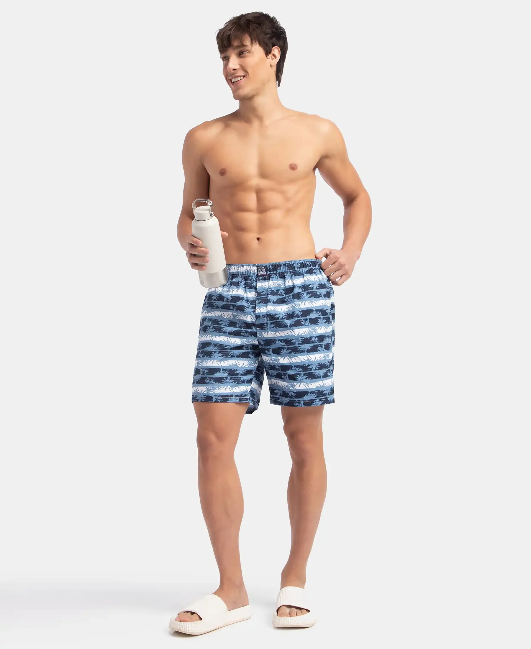 Super Combed Mercerized Cotton Woven Printed Boxer Shorts with Side Pockets - Blue Heaven & White (Pack of 2) - Image 6