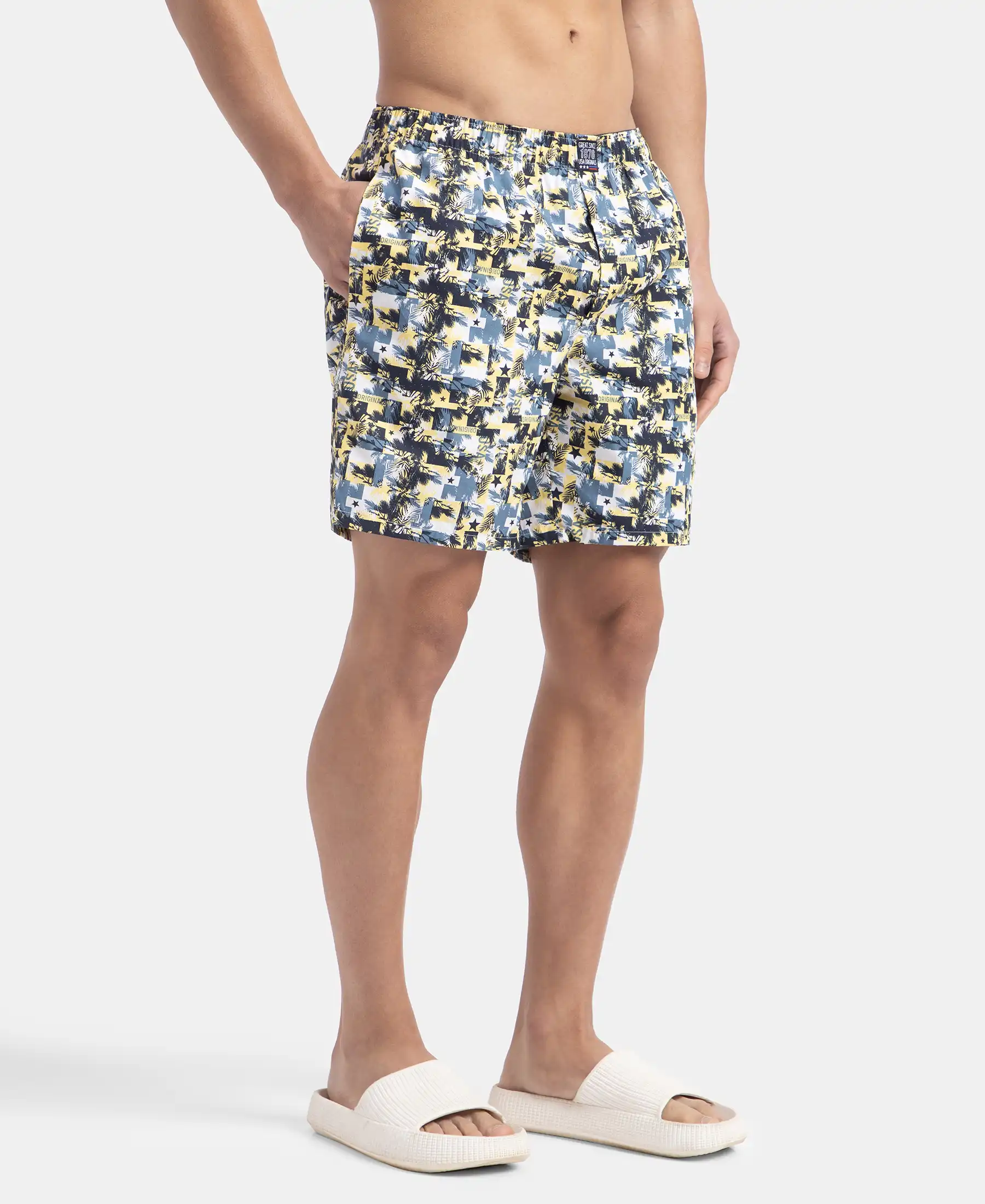 Super Combed Mercerized Cotton Woven Printed Boxer Shorts with Side Pockets - Blue Heaven & White (Pack of 2) - Image 7