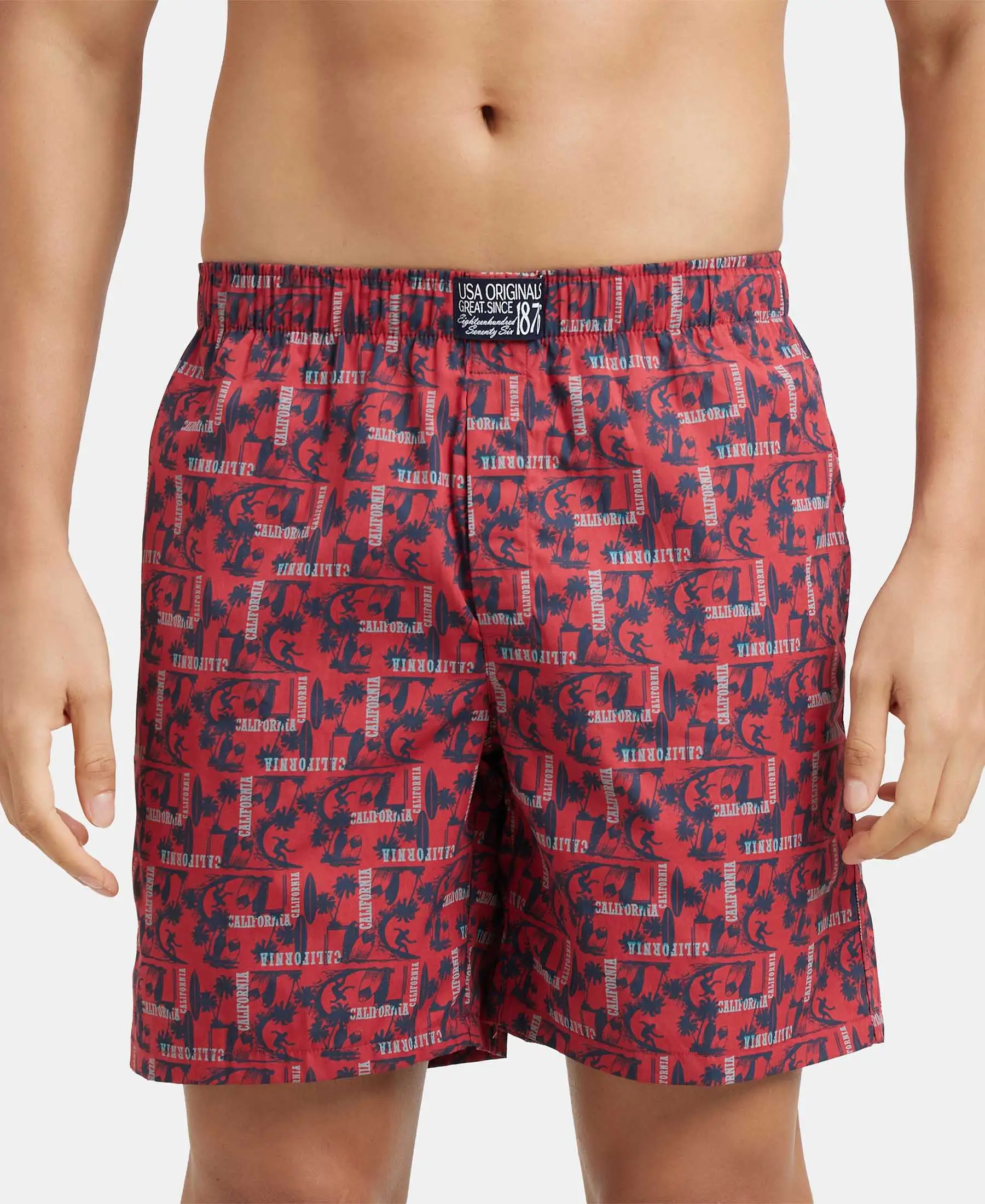 Super Combed Mercerized Cotton Woven Printed Boxer Shorts with Side Pockets - Brick Red