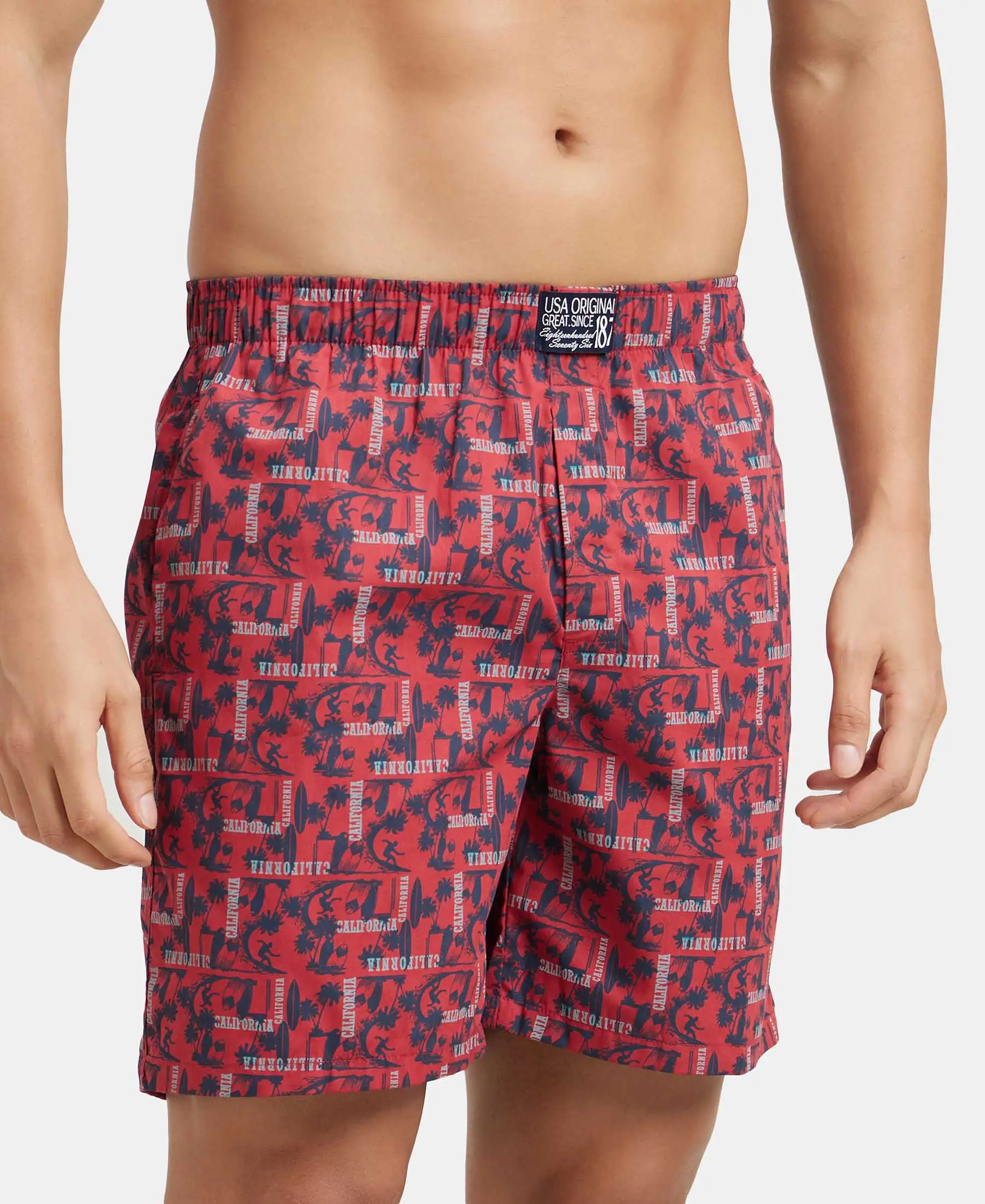 Super Combed Mercerized Cotton Woven Printed Boxer Shorts with Side Pockets - Brick Red - Image 2