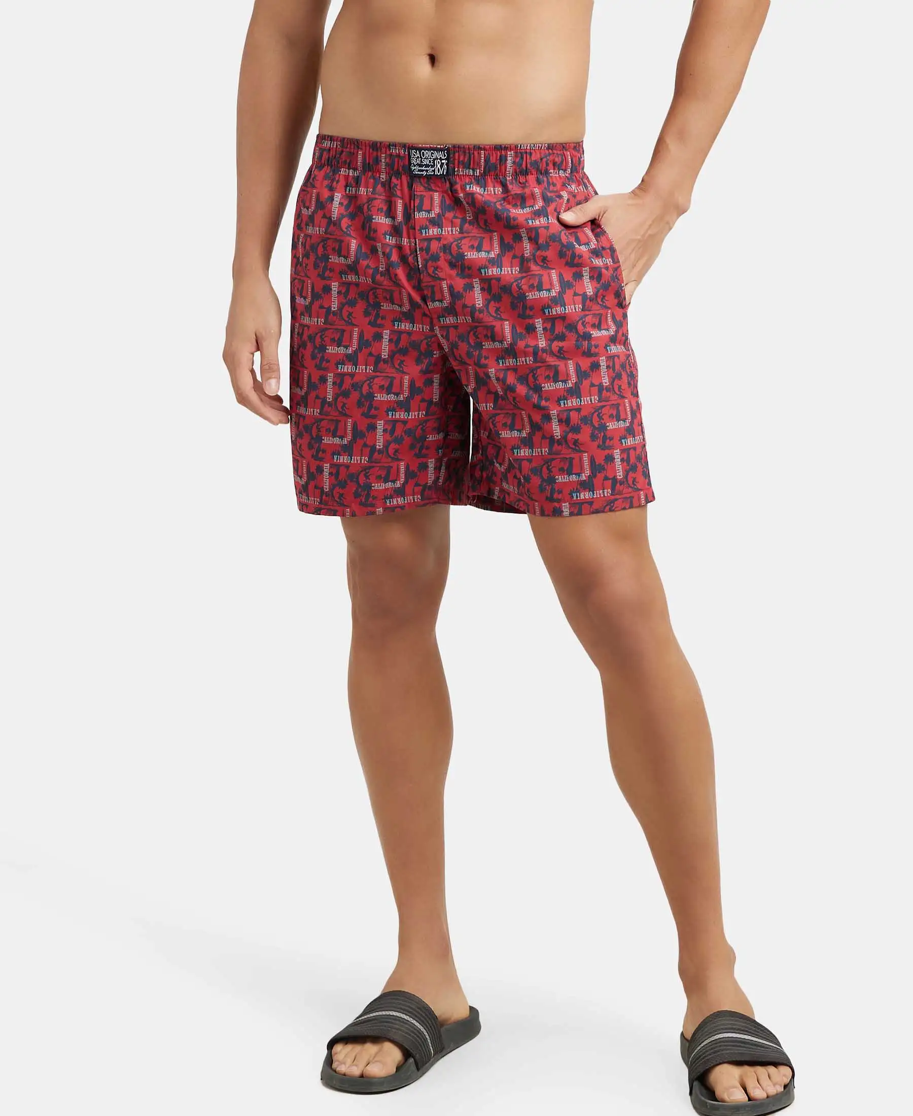 Super Combed Mercerized Cotton Woven Printed Boxer Shorts with Side Pockets - Brick Red - Image 4