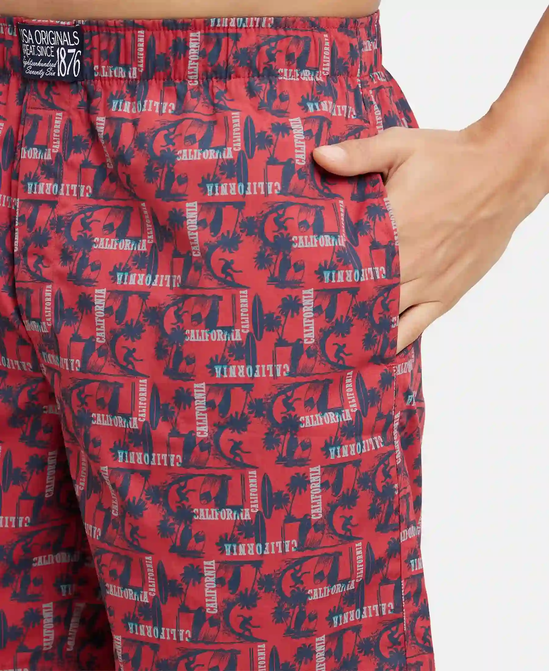 Super Combed Mercerized Cotton Woven Printed Boxer Shorts with Side Pockets - Brick Red - Image 6