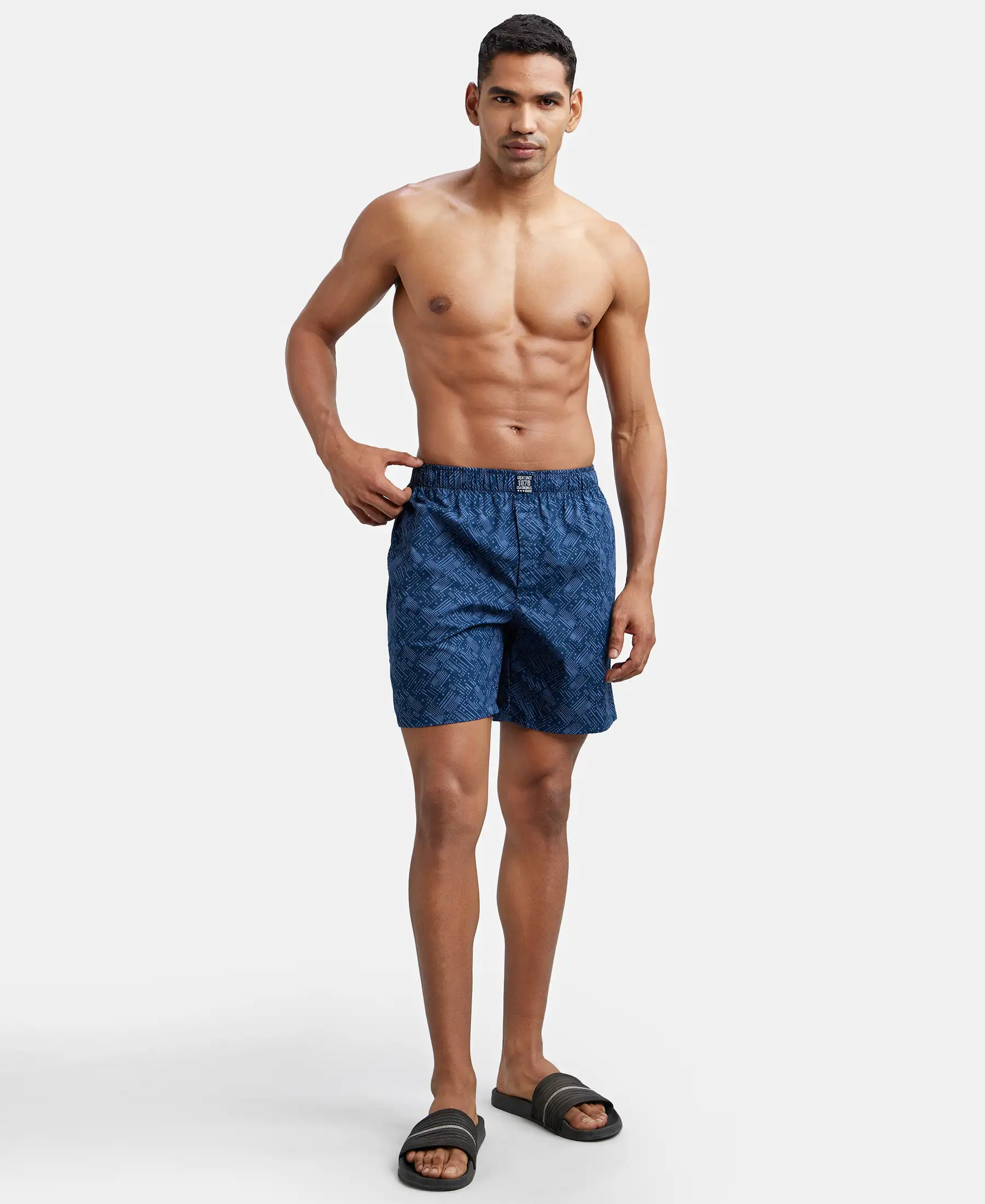 Super Combed Mercerized Cotton Woven Printed Boxer Shorts with Side Pockets - Navy Brick Red (Pack of 2) - Image 12
